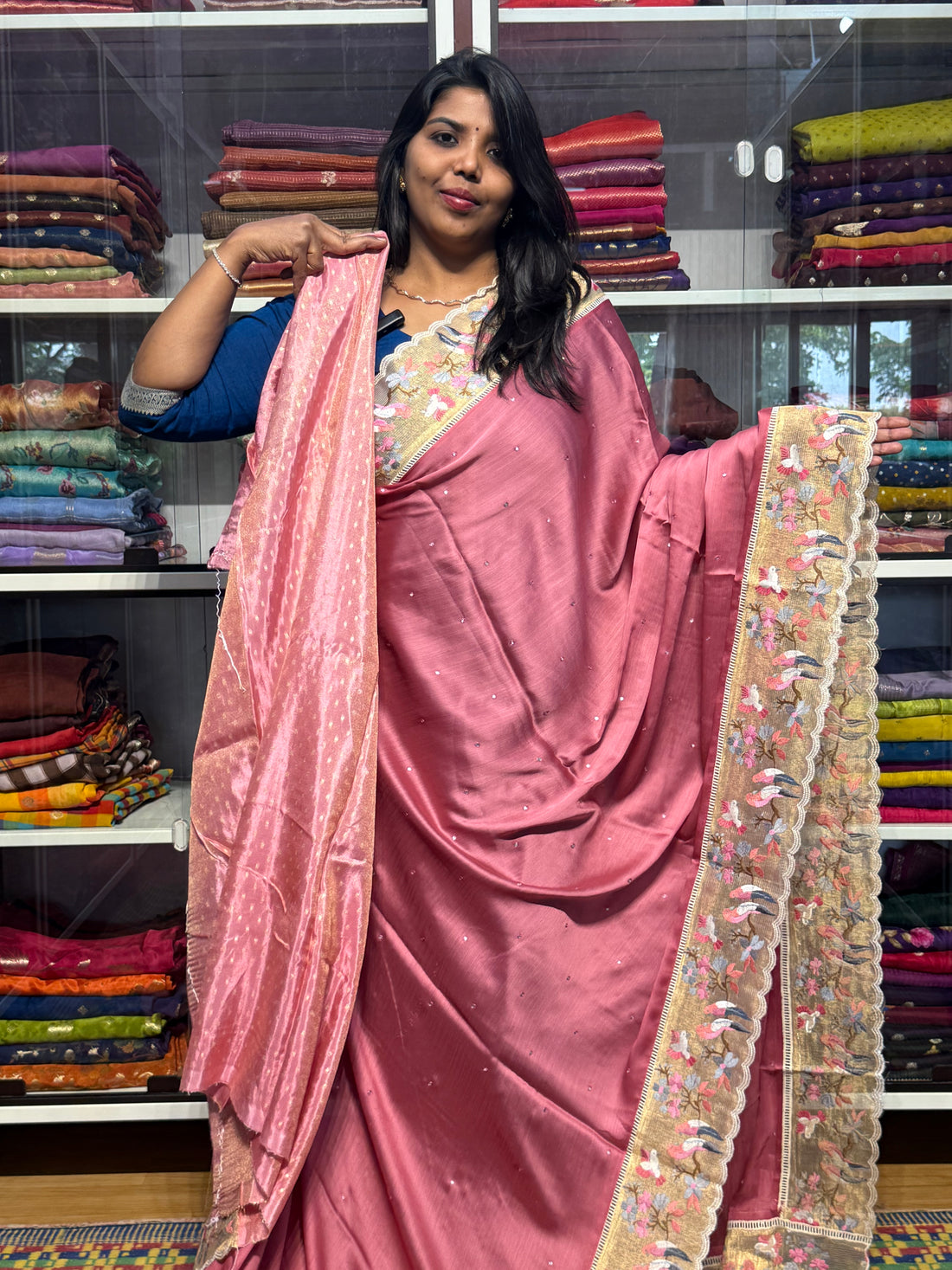 PURE CHIFFON SARESS WITH BIRDS EMBROIDERY SCALLOP BORDER AND MIRROR WORK: 0NION PINK