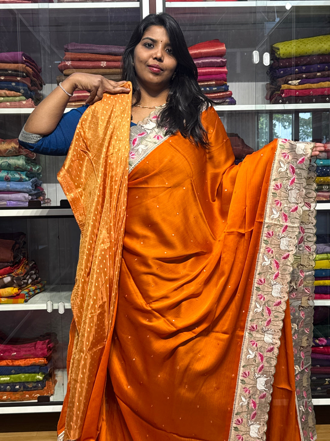 PURE CHIFFON SARESS WITH BIRDS EMBROIDERY SCALLOP BORDER AND MIRROR WORK: ORANGE