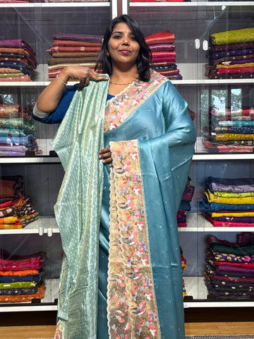 PURE CHIFFON SARESS WITH BIRDS EMBROIDERY SCALLOP BORDER AND MIRROR WORK: SKY BLUE