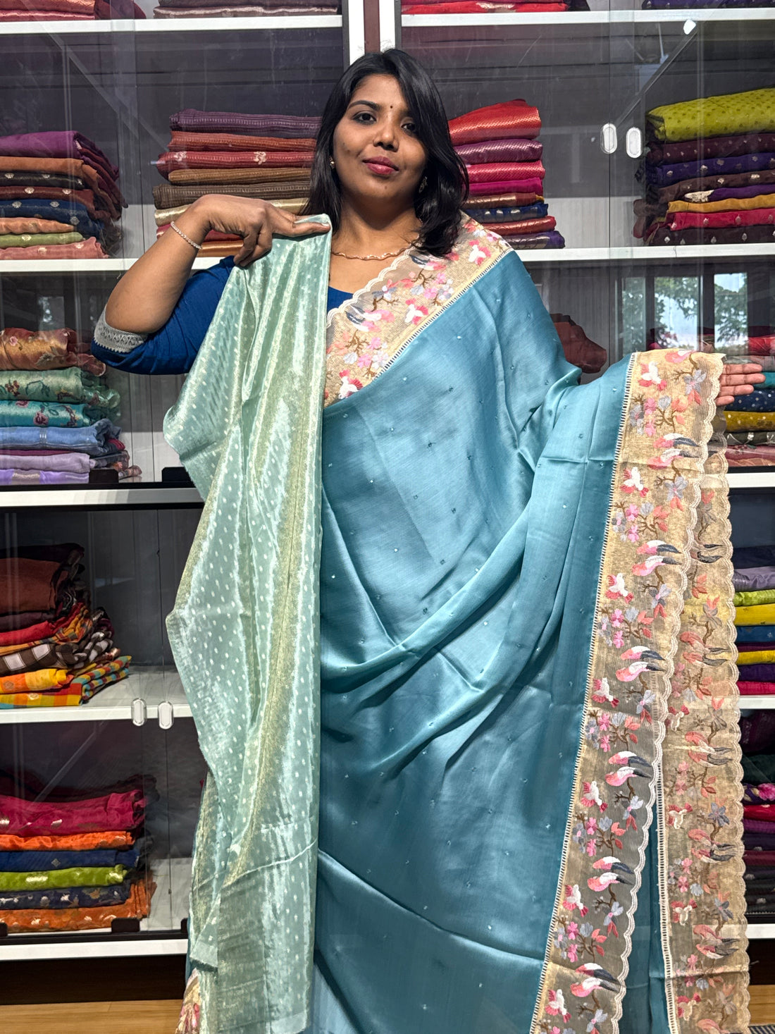 PURE CHIFFON SARESS WITH BIRDS EMBROIDERY SCALLOP BORDER AND MIRROR WORK: SKY BLUE