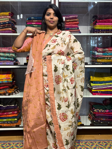 MANGALAGIRI DIGITAL PRINT SAREE WITH SCALLOP EMBROIDERED BORDER: