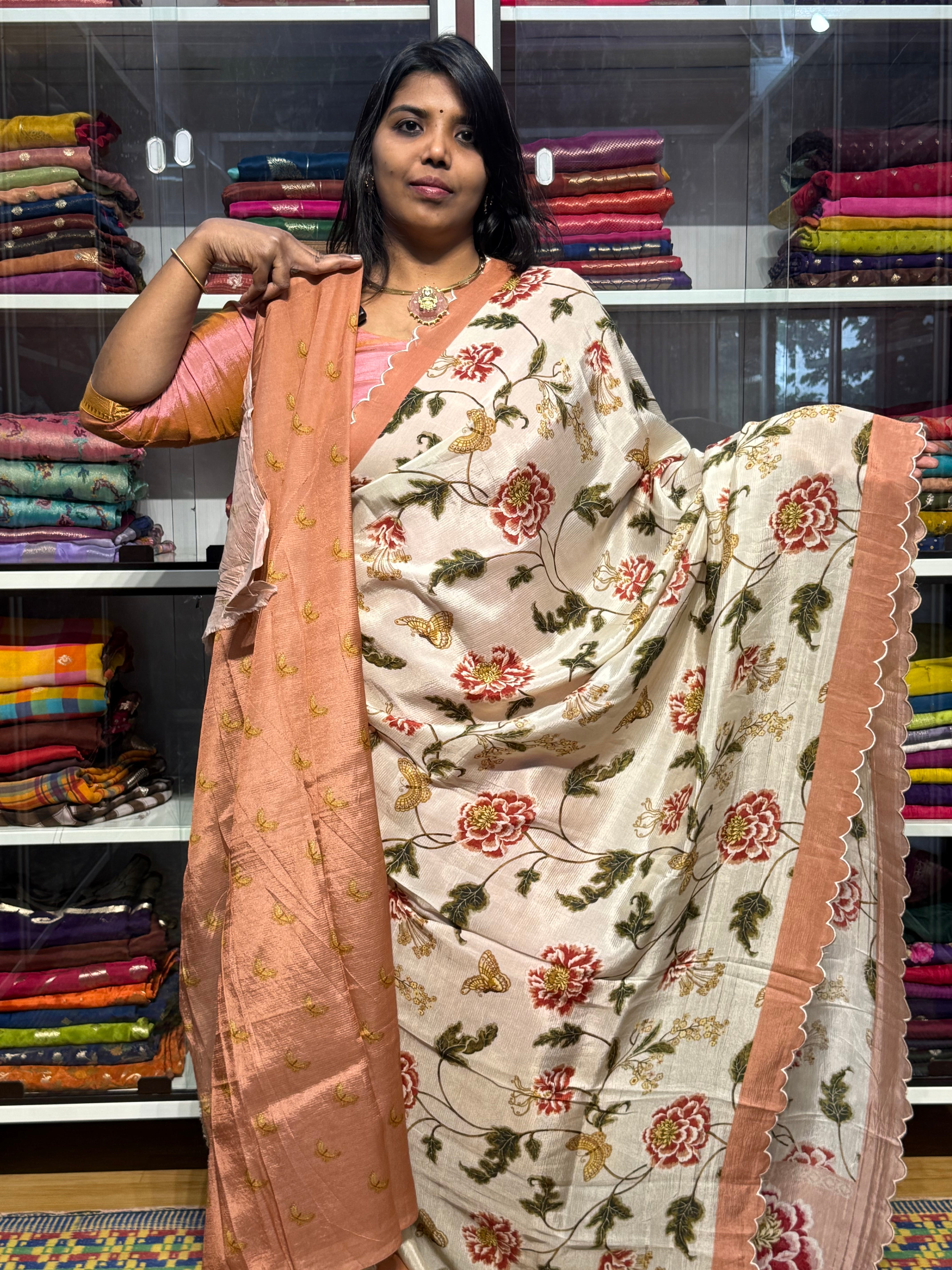MANGALAGIRI DIGITAL PRINT SAREE WITH SCALLOP EMBROIDERED BORDER: