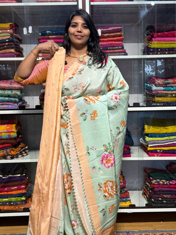 MANGALAGIRI DIGITAL PRINT SAREE WITH SCALLOP EMBROIDERED BORDER: