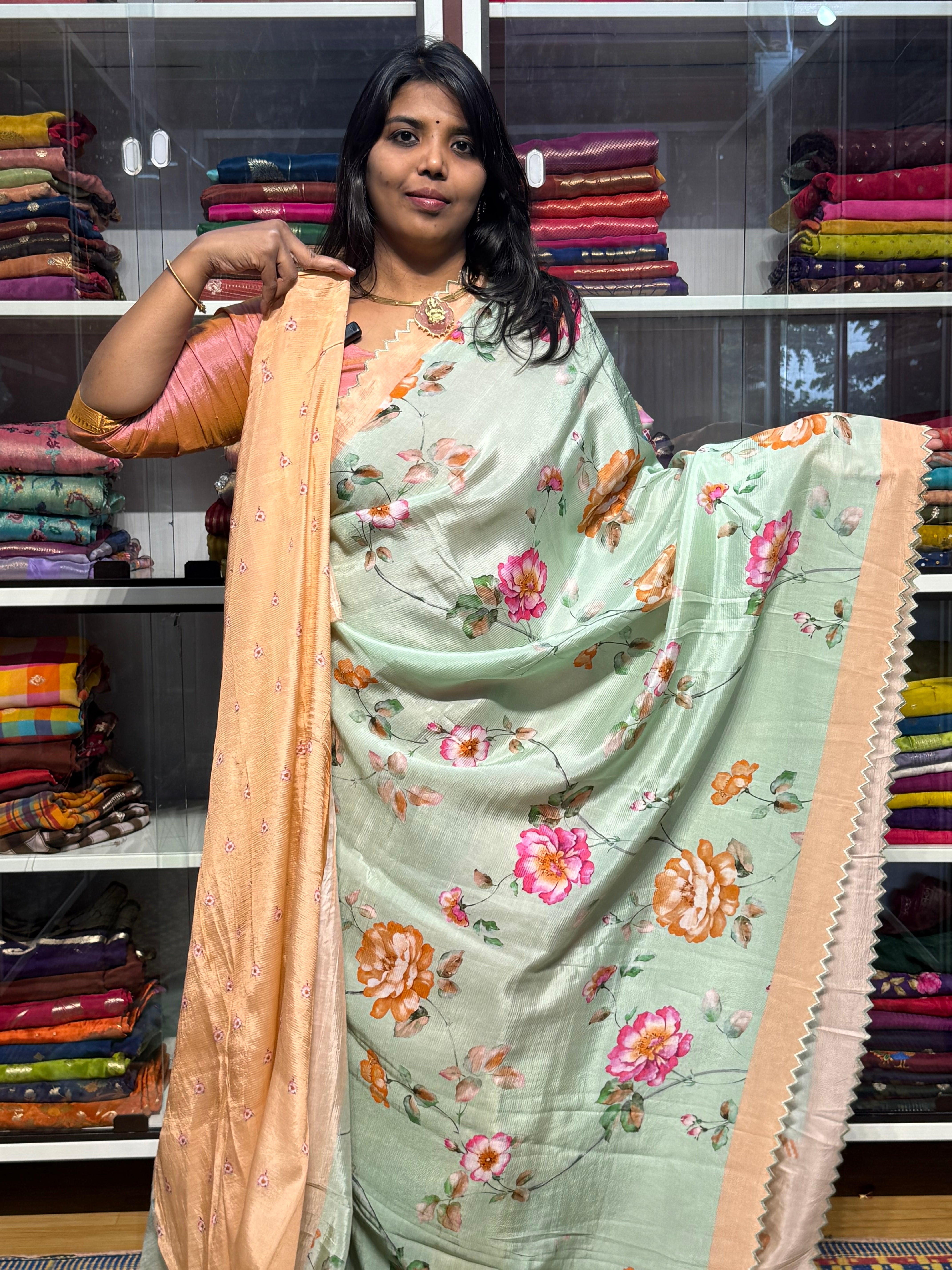 MANGALAGIRI DIGITAL PRINT SAREE WITH SCALLOP EMBROIDERED BORDER: