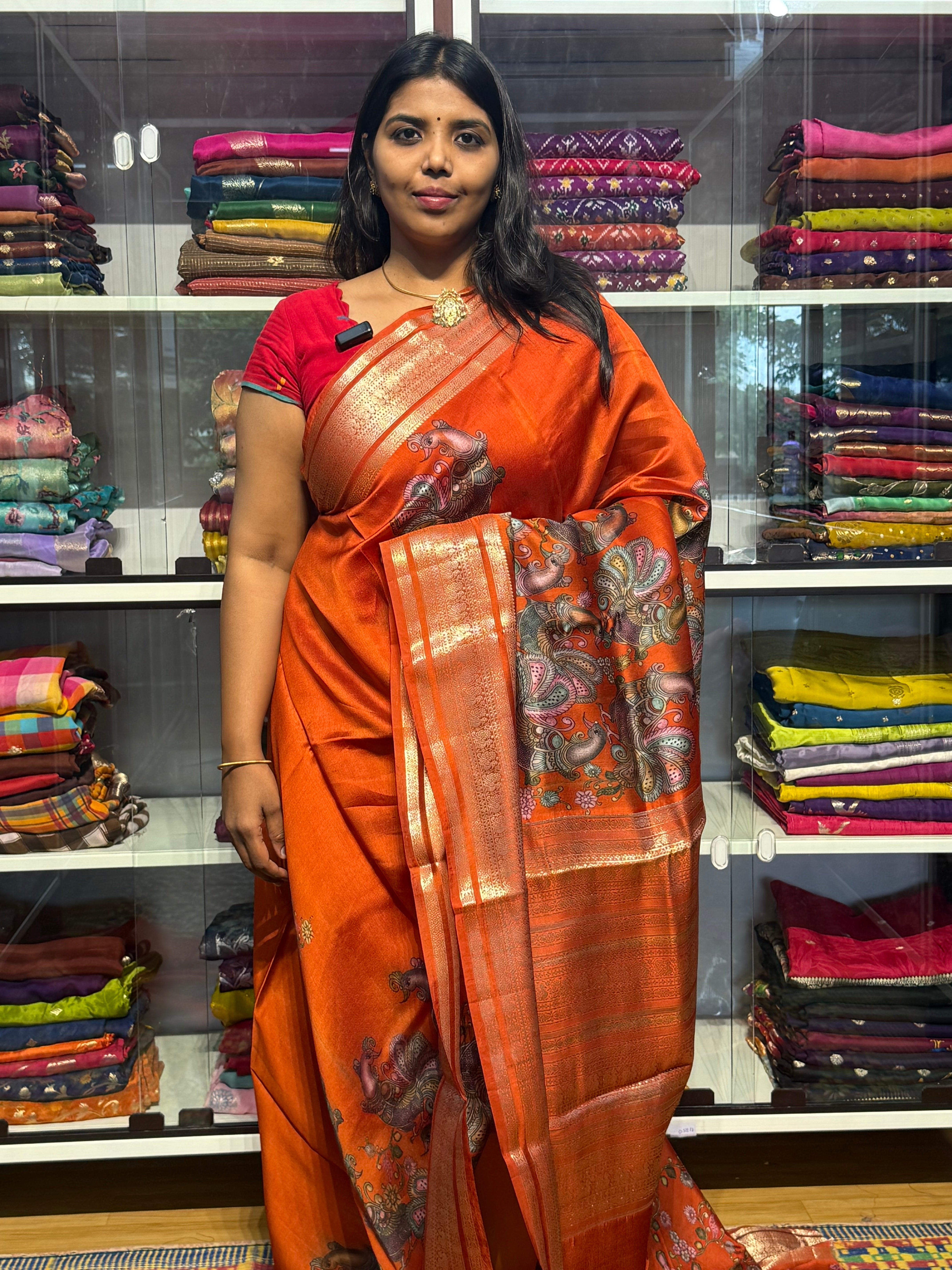 PURE GREEN MANGO PATTU SAREE WITH DIGITAL PRINT: ORANGE