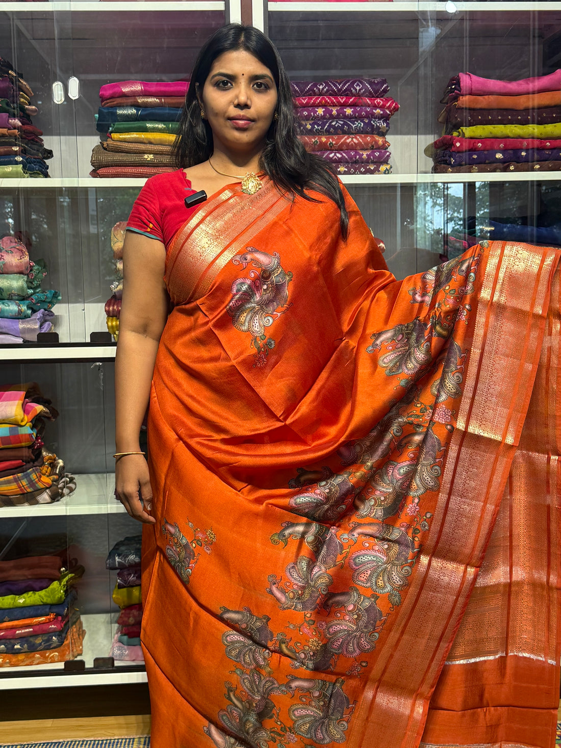 PURE GREEN MANGO PATTU SAREE WITH DIGITAL PRINT: ORANGE