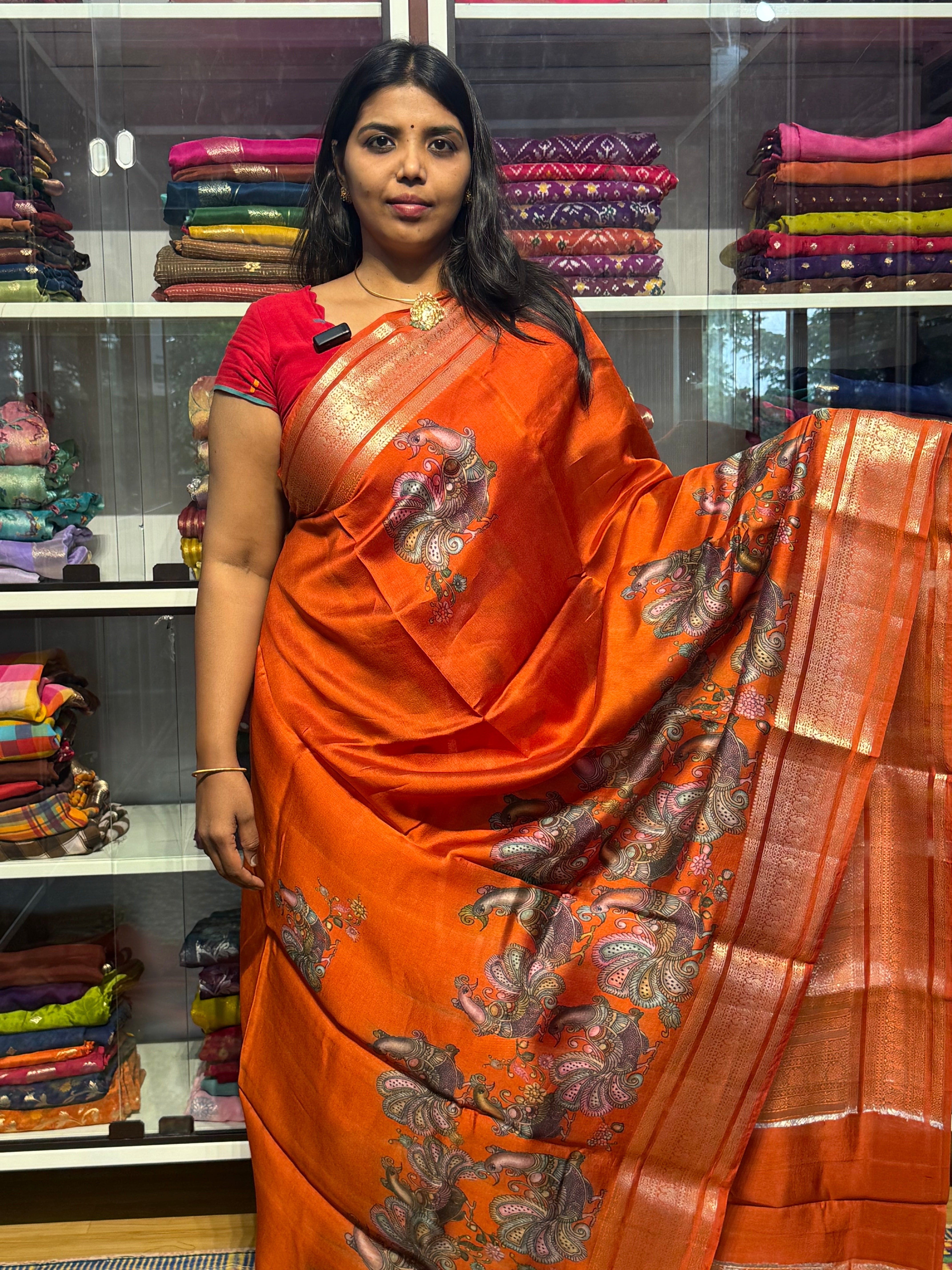 PURE GREEN MANGO PATTU SAREE WITH DIGITAL PRINT: ORANGE