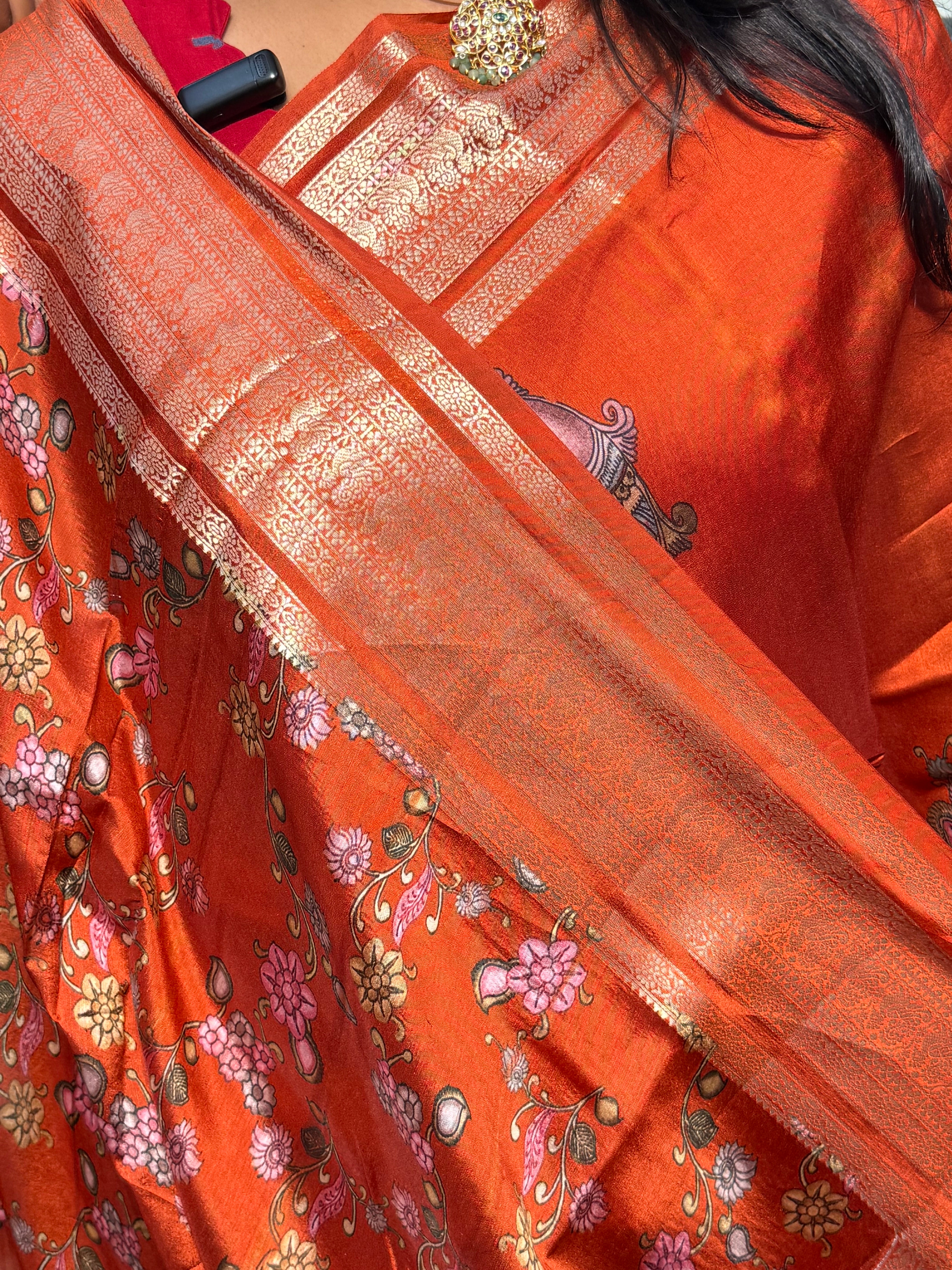 PURE GREEN MANGO PATTU SAREE WITH DIGITAL PRINT: ORANGE