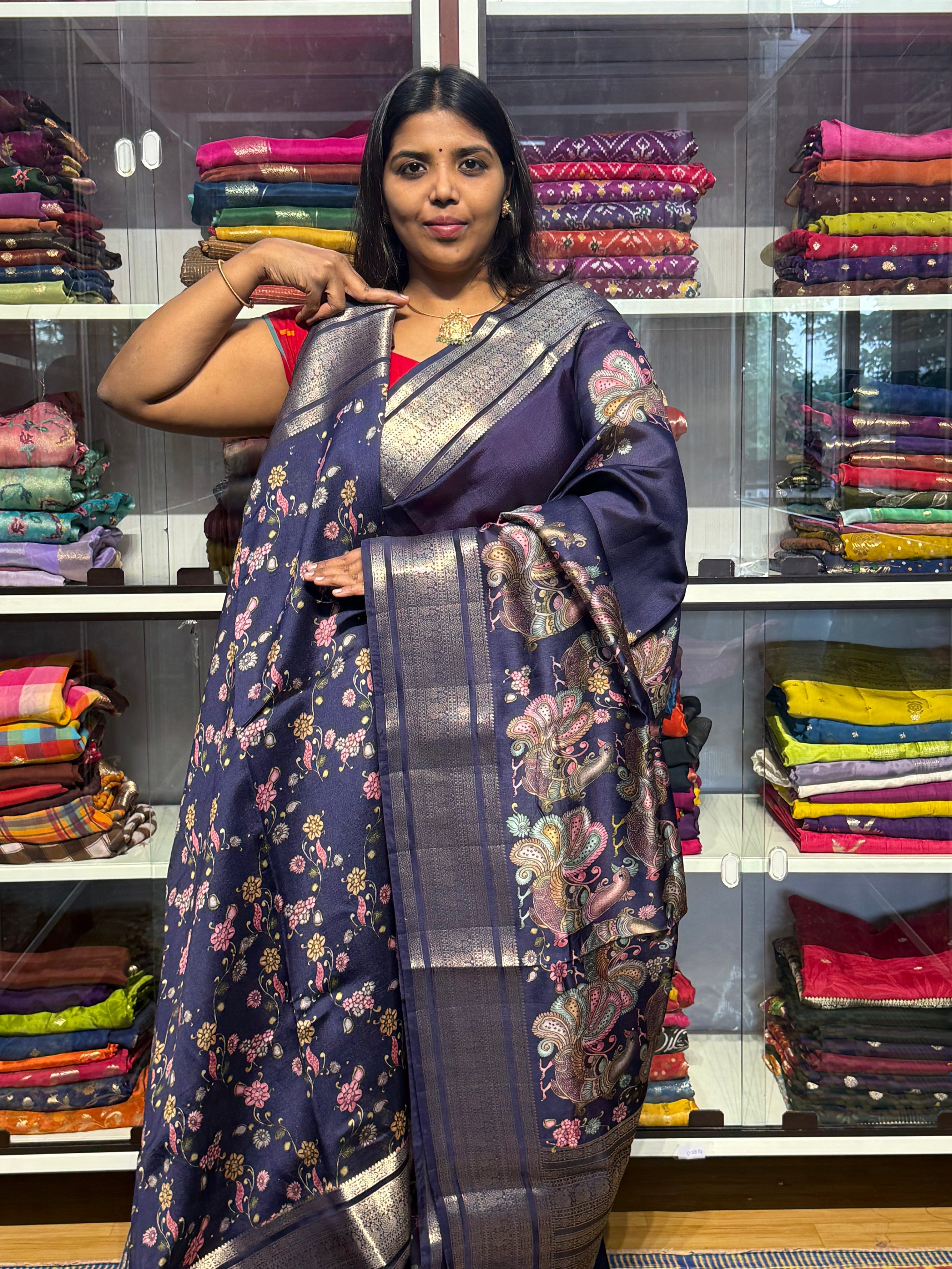 PURE GREEN MANGO PATTU SAREE WITH DIGITAL PRINT: BLUE