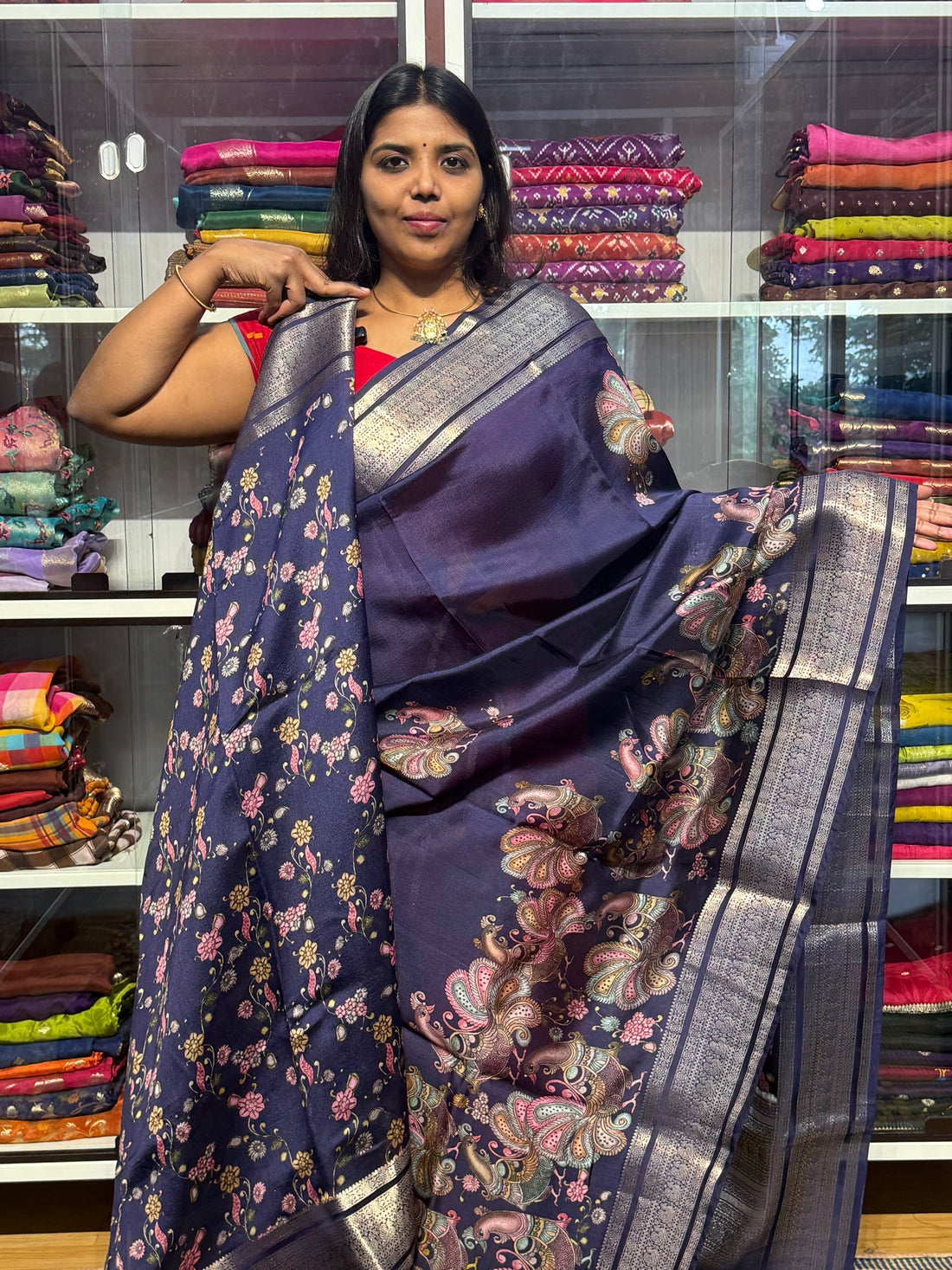 PURE GREEN MANGO PATTU SAREE WITH DIGITAL PRINT: BLUE
