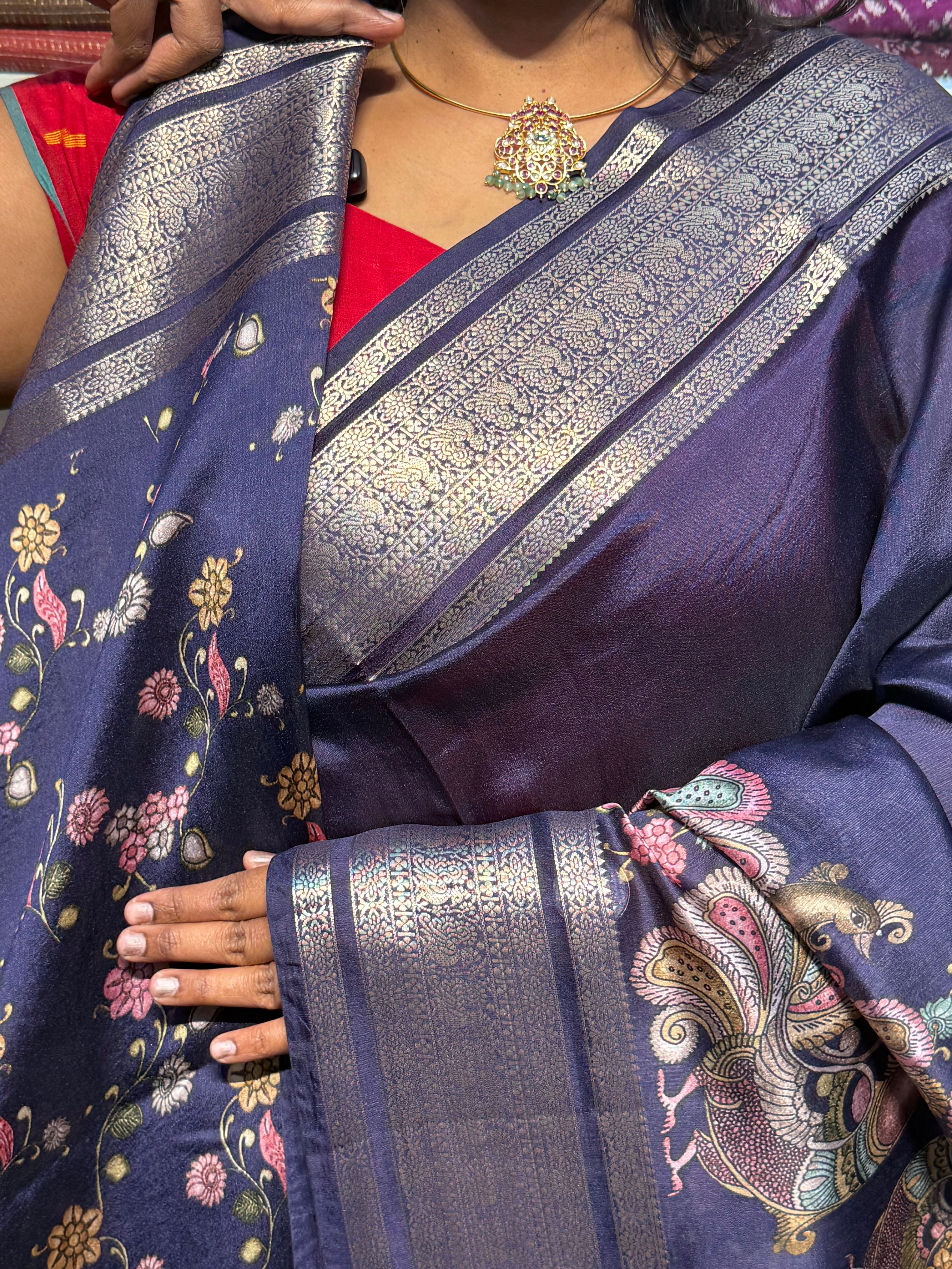 PURE GREEN MANGO PATTU SAREE WITH DIGITAL PRINT: BLUE