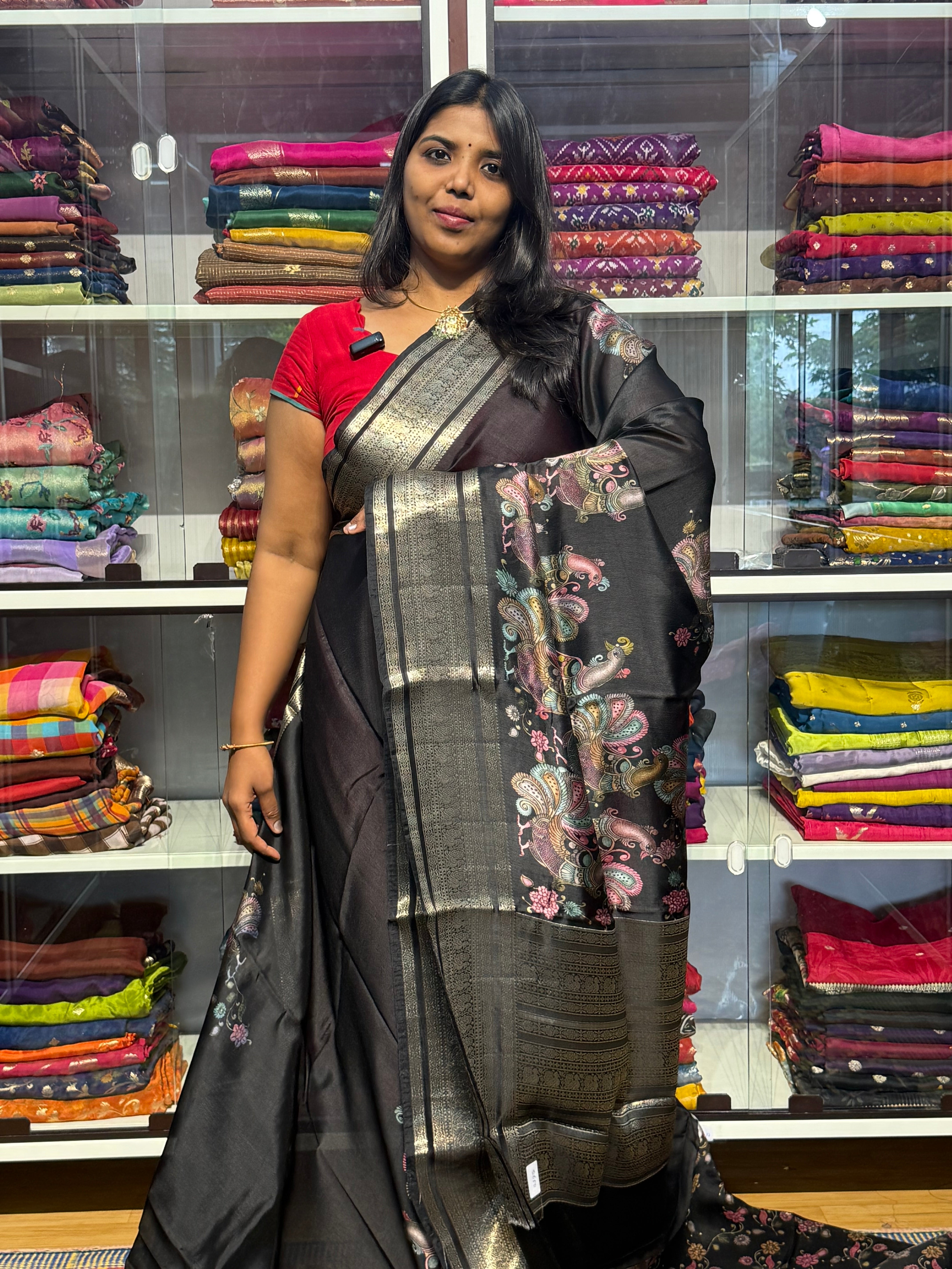 PURE GREEN MANGO PATTU SAREE WITH DIGITAL PRINT: BLACK
