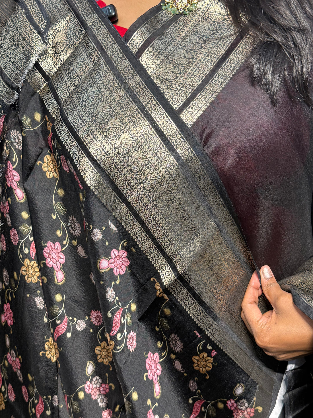 PURE GREEN MANGO PATTU SAREE WITH DIGITAL PRINT: BLACK