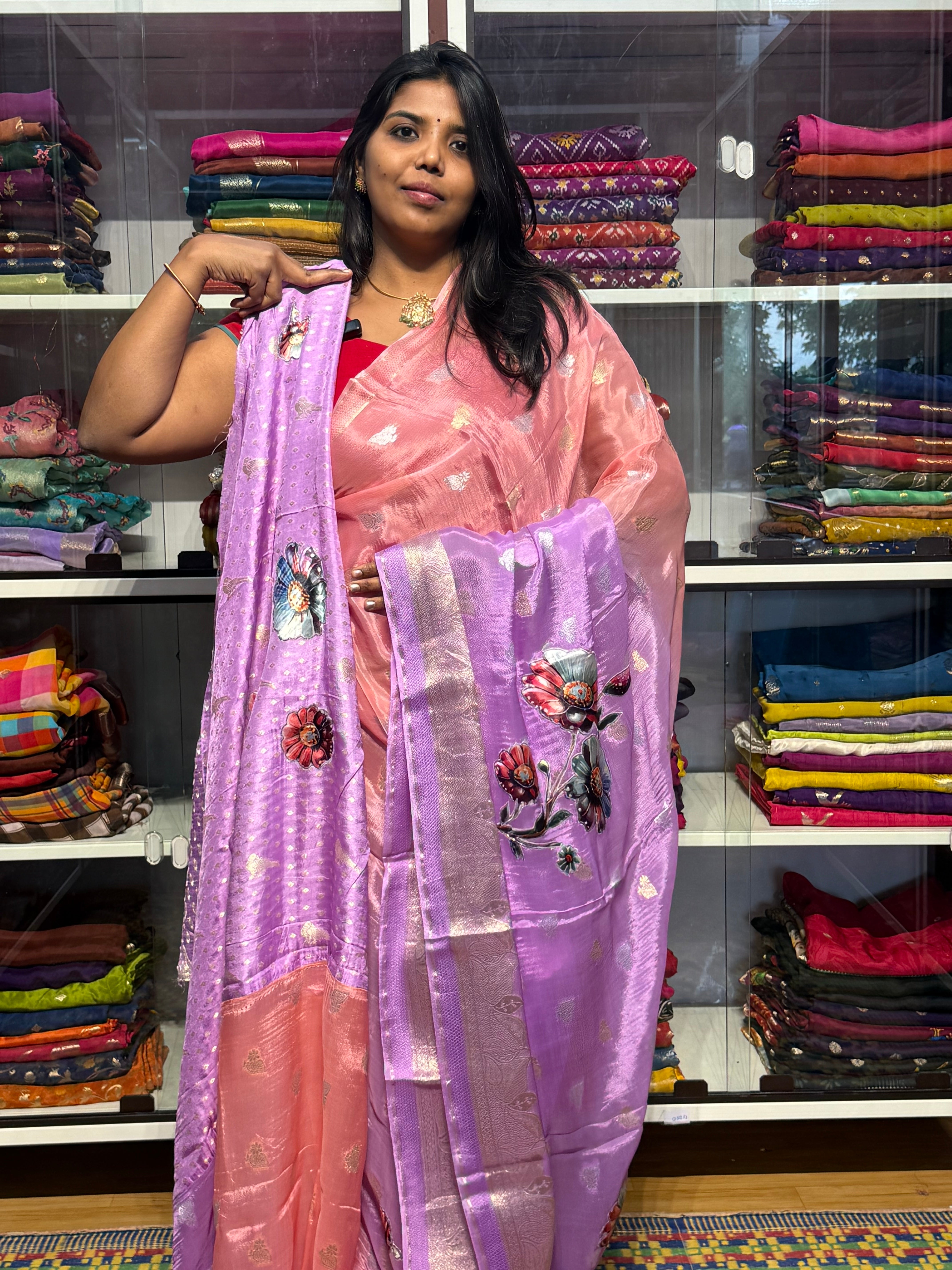 PURE CHINON SILK DUAL SHADED SAREE WITH APPLIQUE WORK