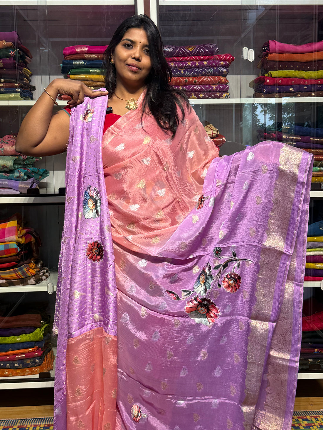 PURE CHINON SILK DUAL SHADED SAREE WITH APPLIQUE WORK