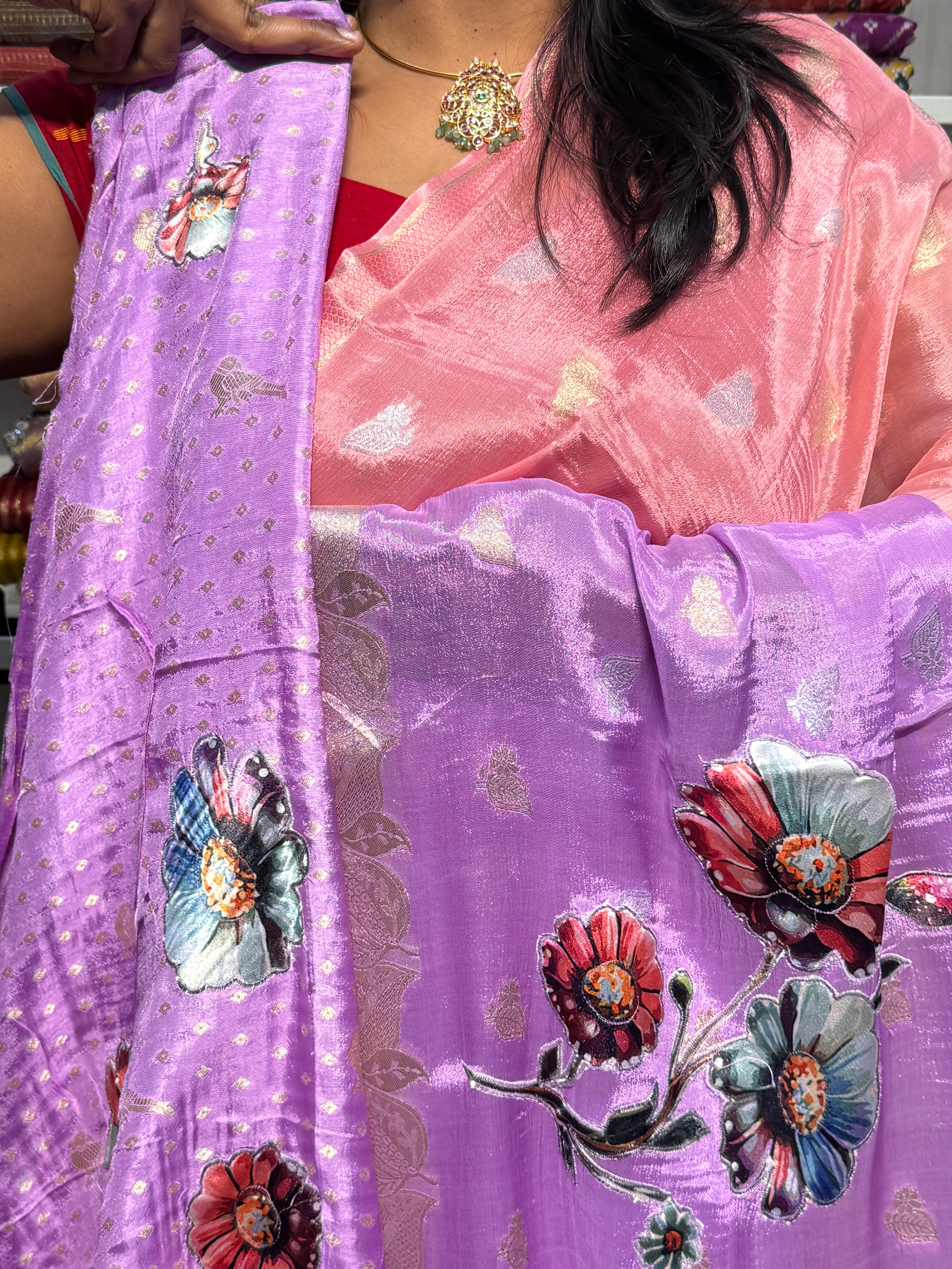PURE CHINON SILK DUAL SHADED SAREE WITH APPLIQUE WORK