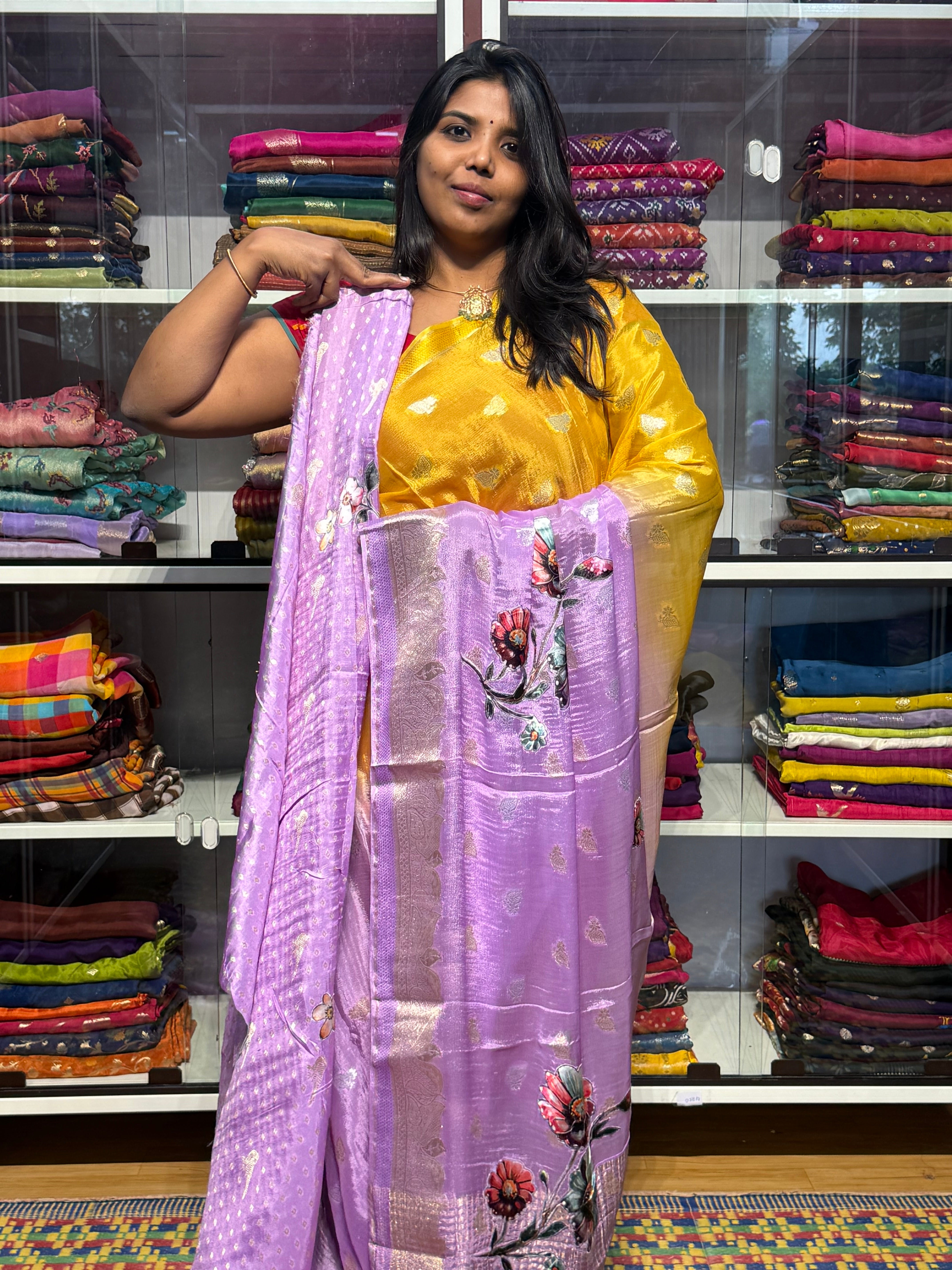 PURE CHINON SILK DUAL SHADED SAREE WITH APPLIQUE WORK