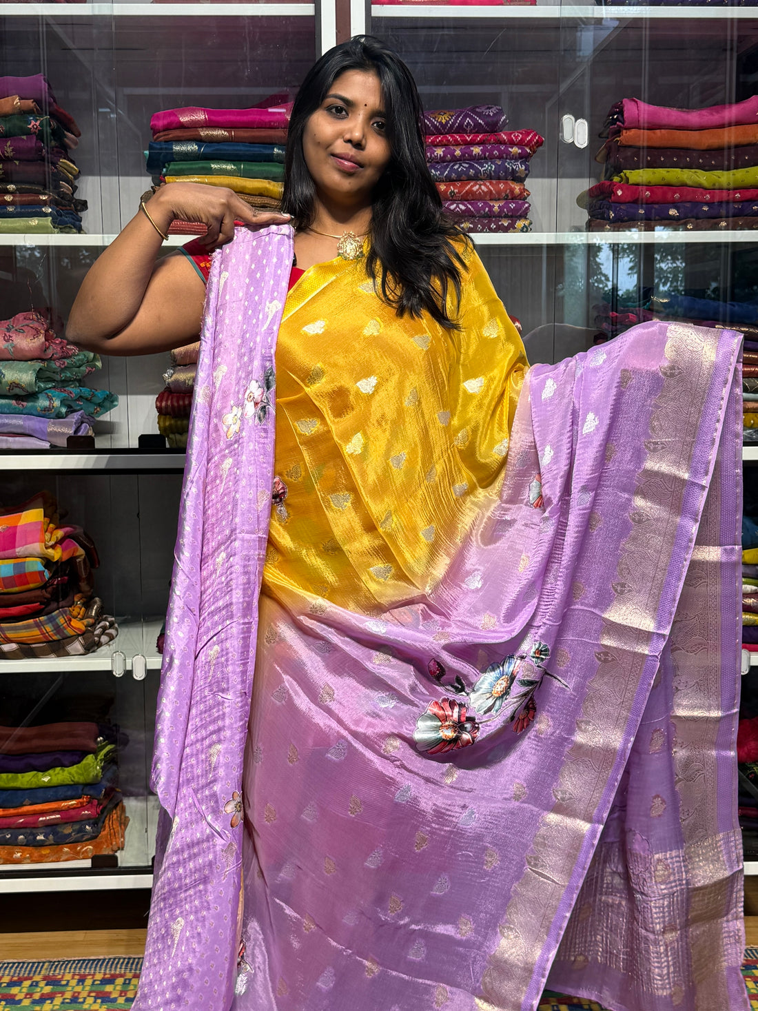 PURE CHINON SILK DUAL SHADED SAREE WITH APPLIQUE WORK