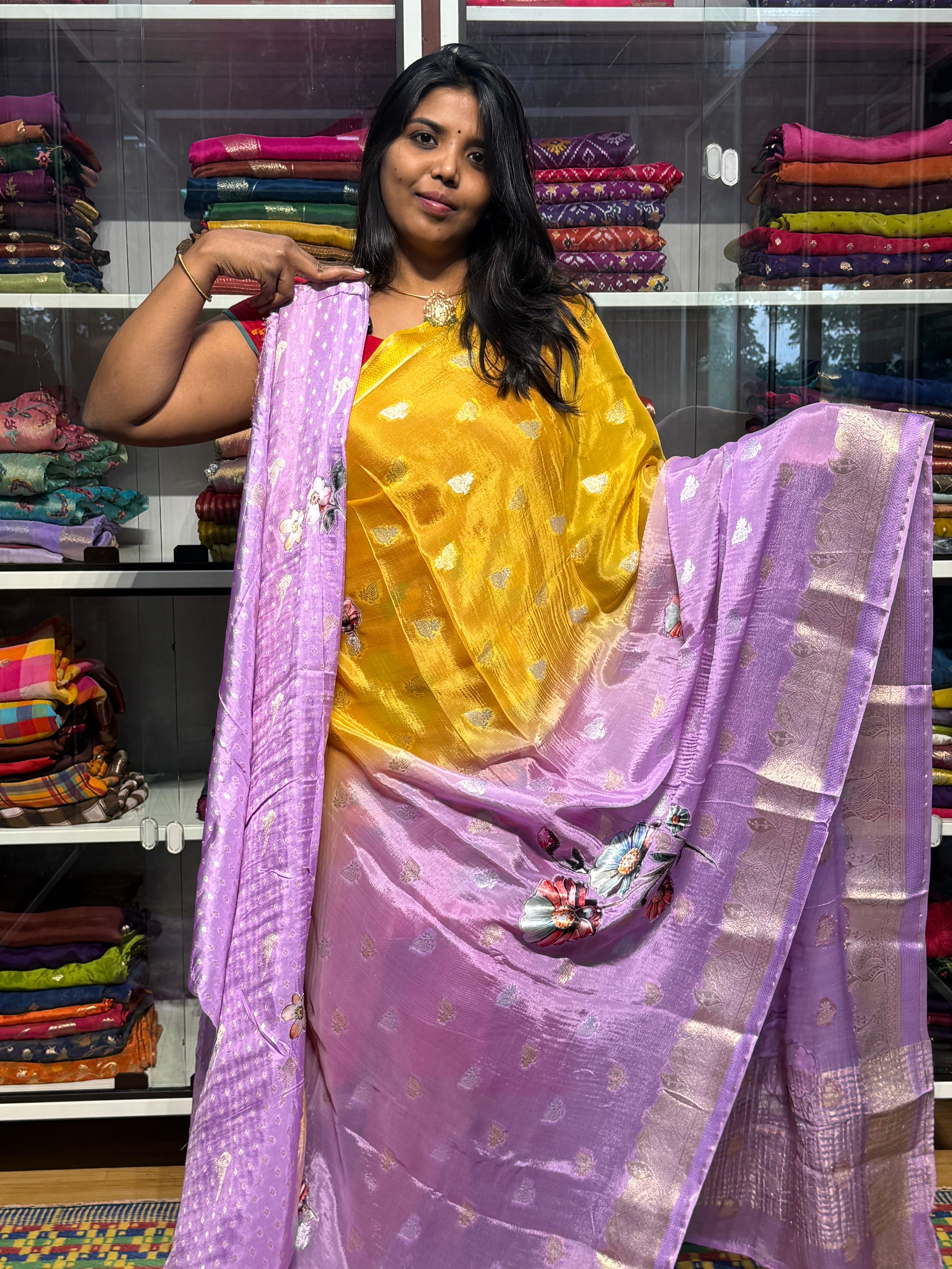 PURE CHINON SILK DUAL SHADED SAREE WITH APPLIQUE WORK