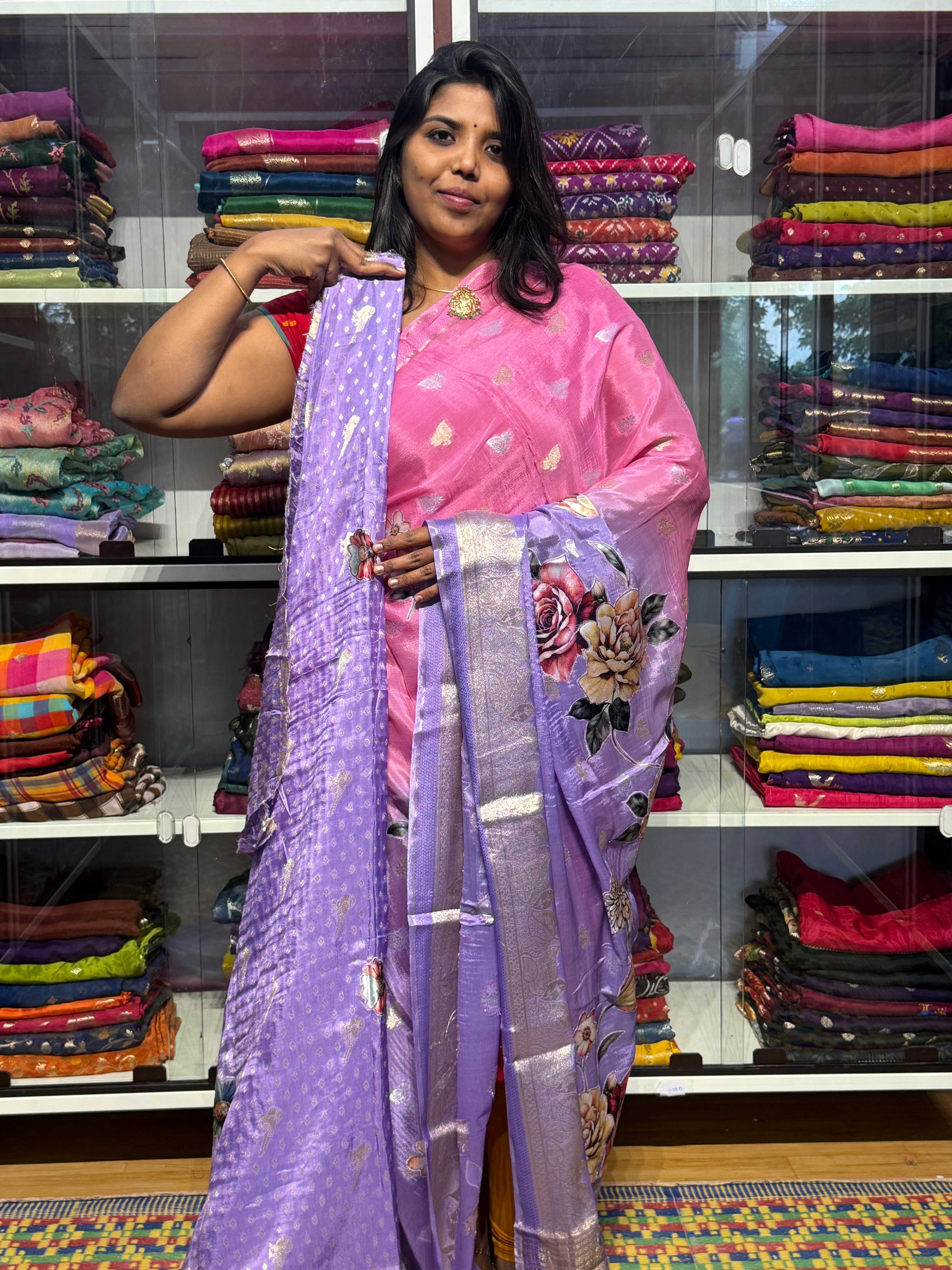 PURE CHINON SILK DUAL SHADED SAREE WITH APPLIQUE WORK
