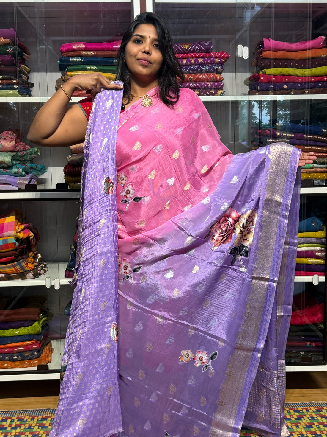 PURE CHINON SILK DUAL SHADED SAREE WITH APPLIQUE WORK