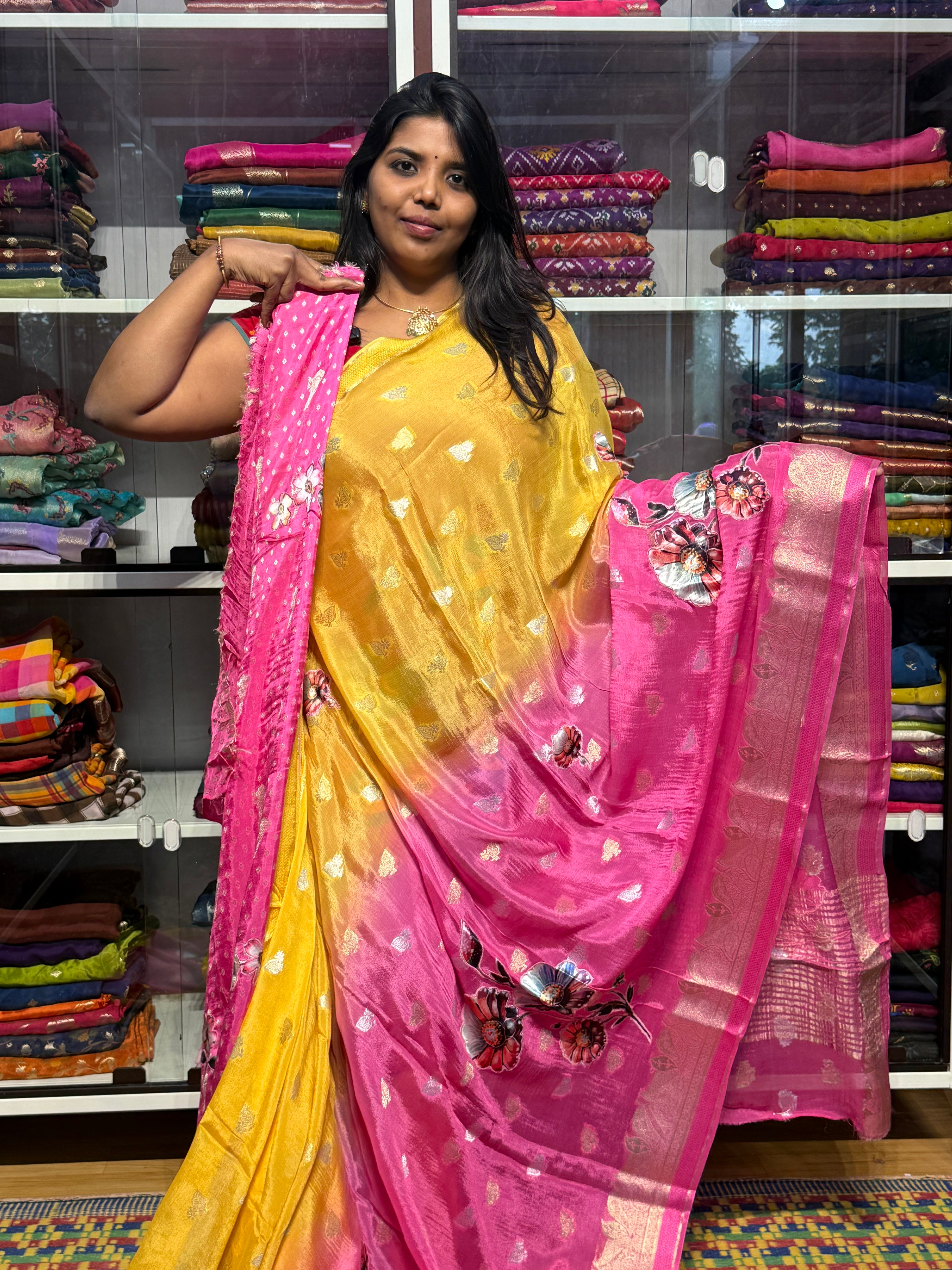 PURE CHINON SILK DUAL SHADED SAREE WITH APPLIQUE WORK