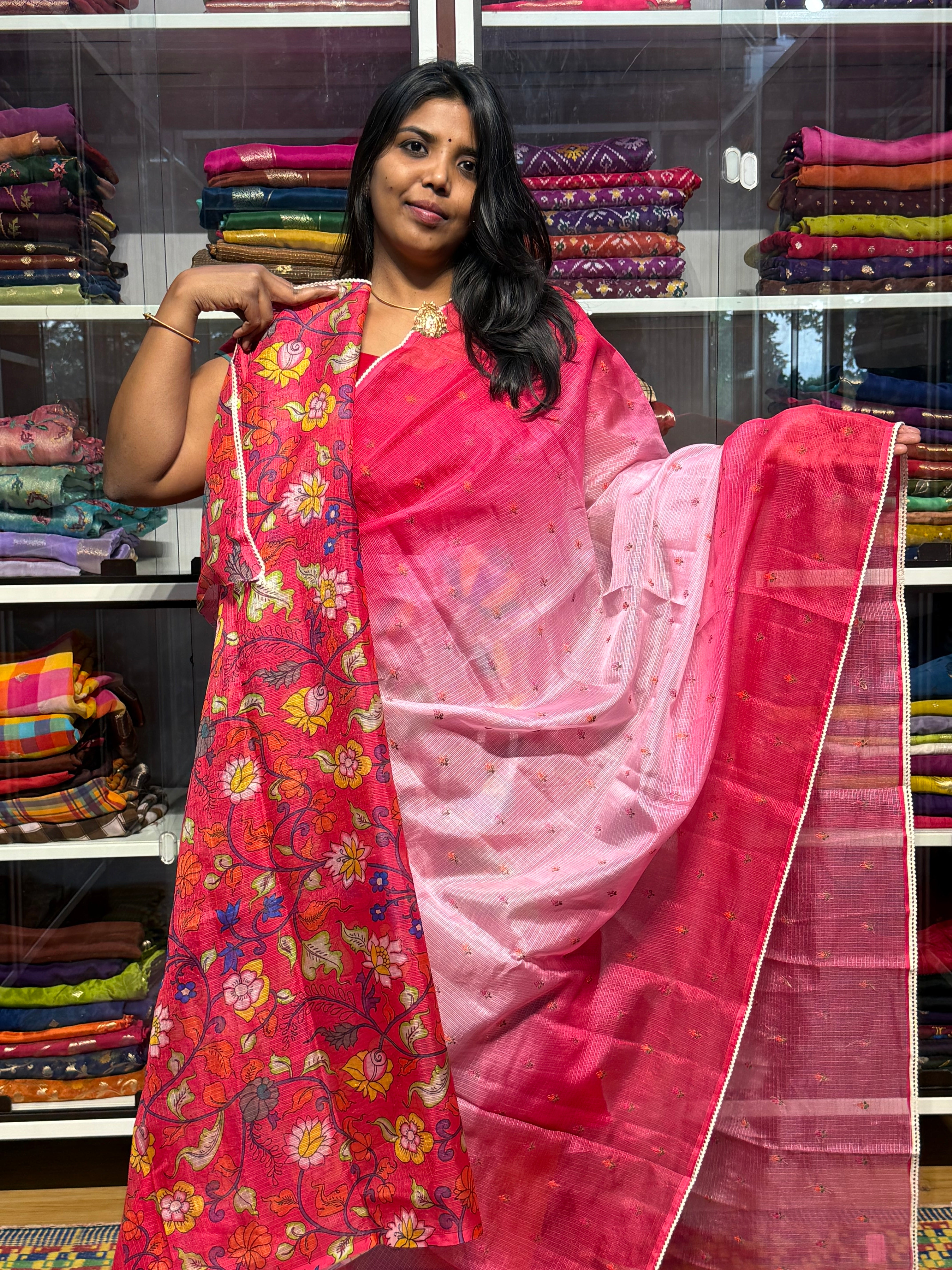 SILK KOTA DUAL SHADED WITH PENKALAMKARI BLOUSE:
