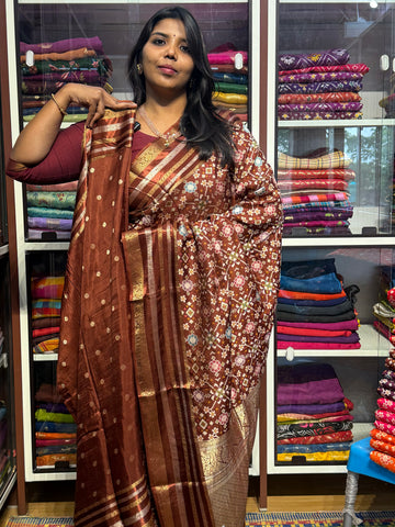 PURE MUNGA CREPE IKKAT PATOLA SAREES: BROWN