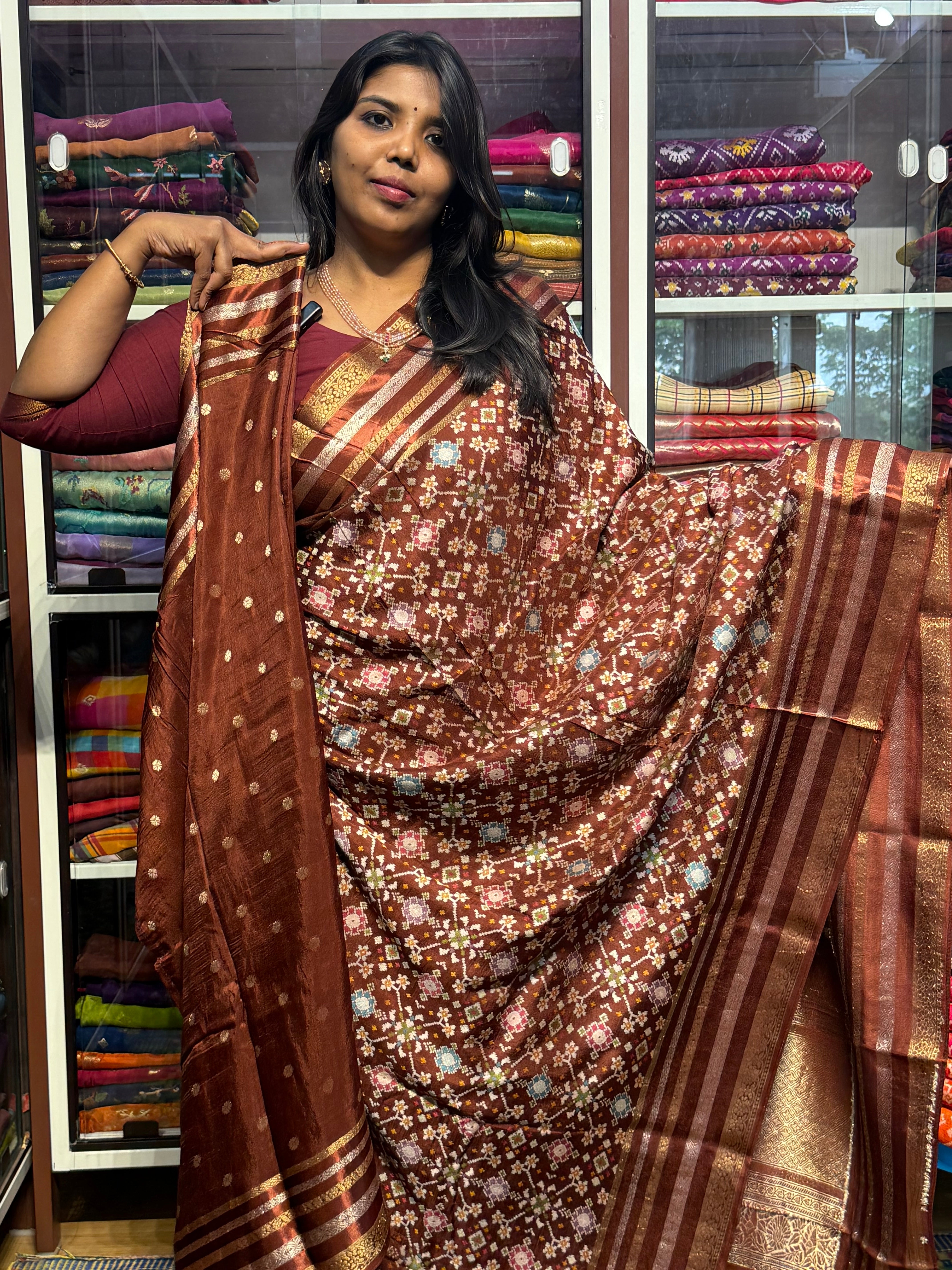 PURE MUNGA CREPE IKKAT PATOLA SAREES: BROWN