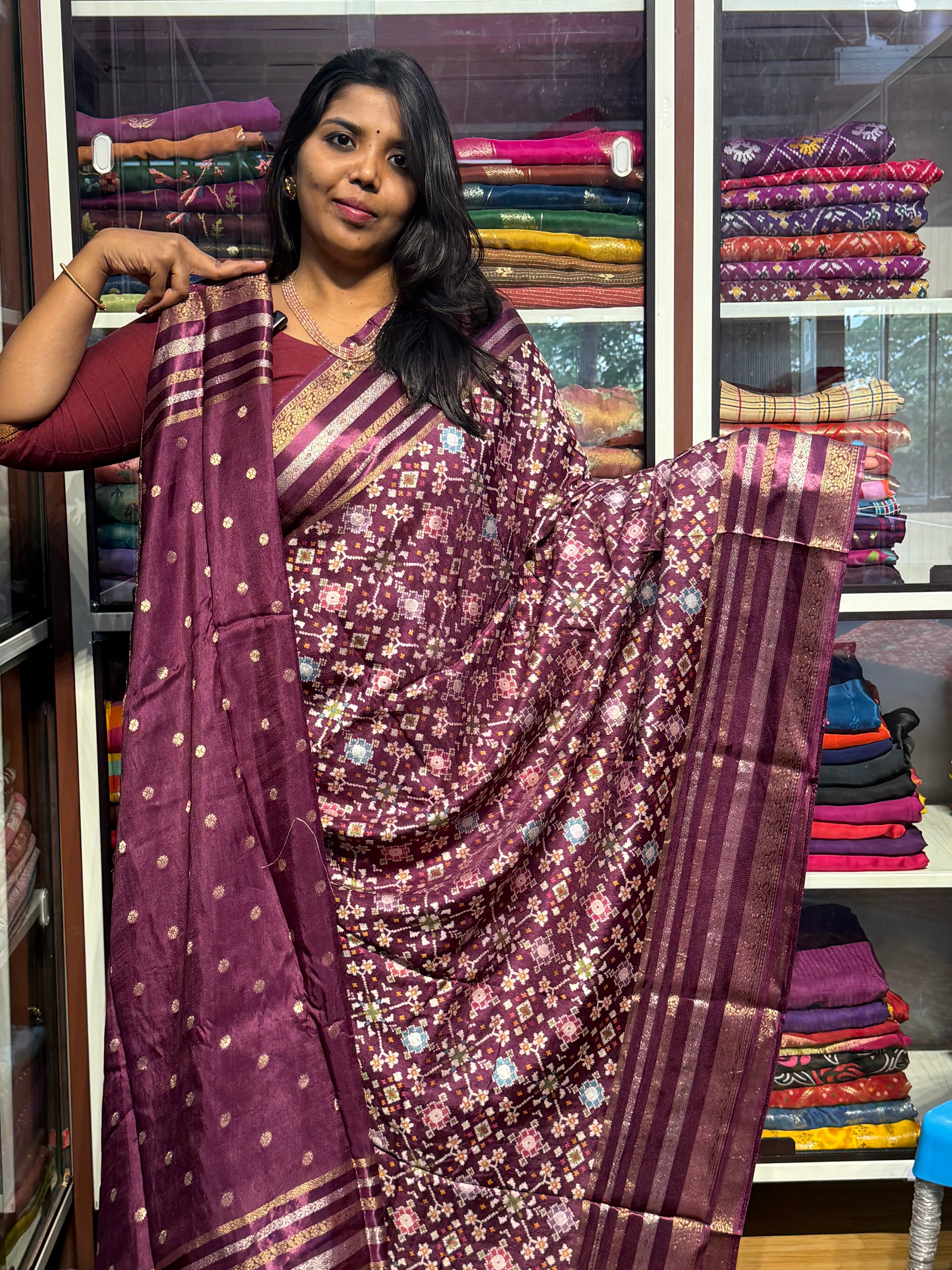 PURE MUNGA CREPE IKKAT PATOLA SAREES: WINE