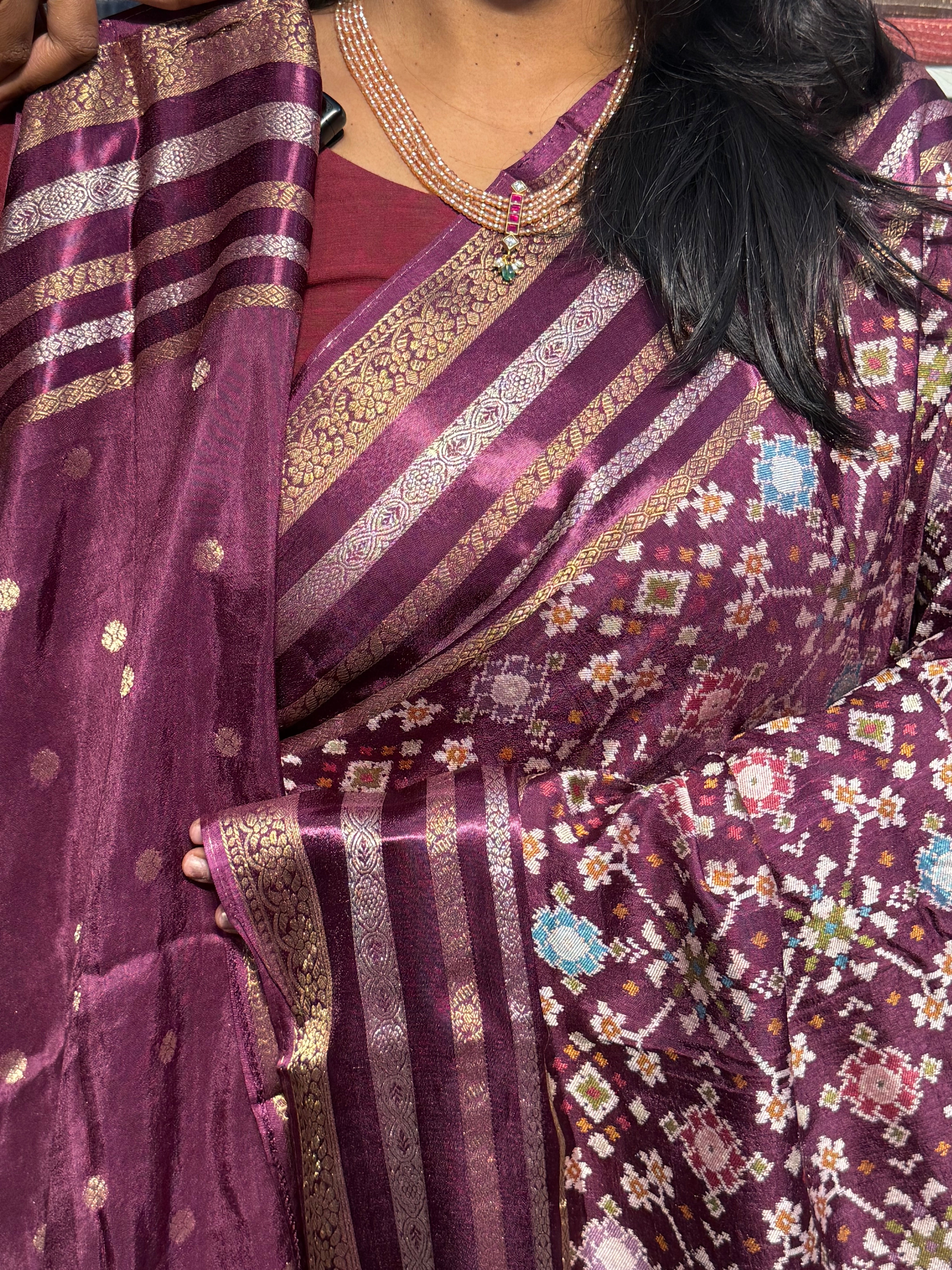 PURE MUNGA CREPE IKKAT PATOLA SAREES: WINE