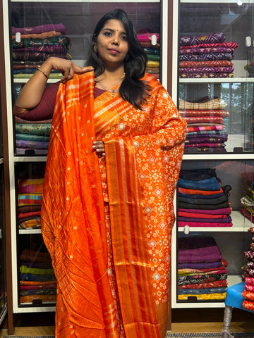 PURE MUNGA CREPE IKKAT PATOLA SAREES: ORANGE