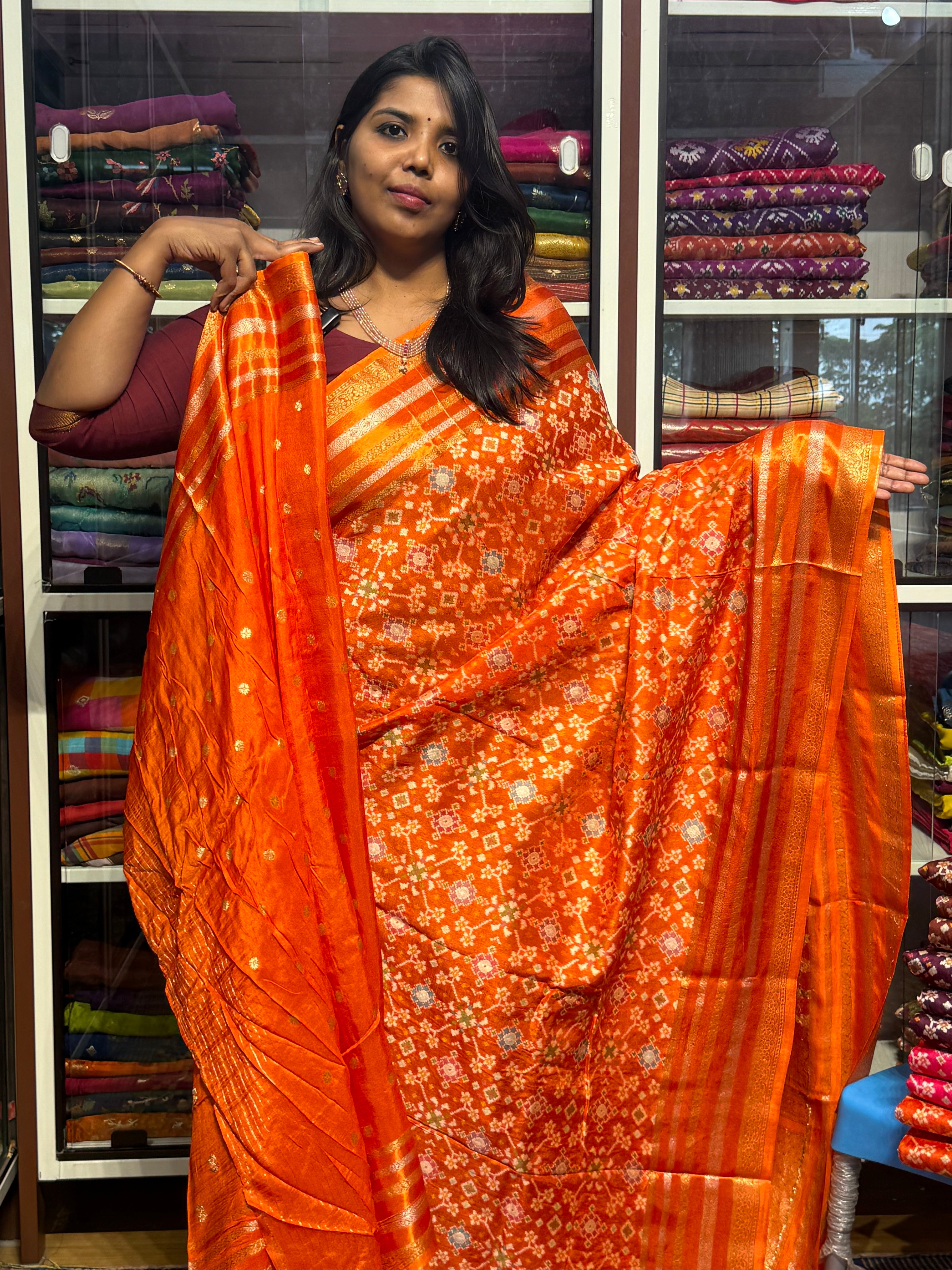 PURE MUNGA CREPE IKKAT PATOLA SAREES: ORANGE