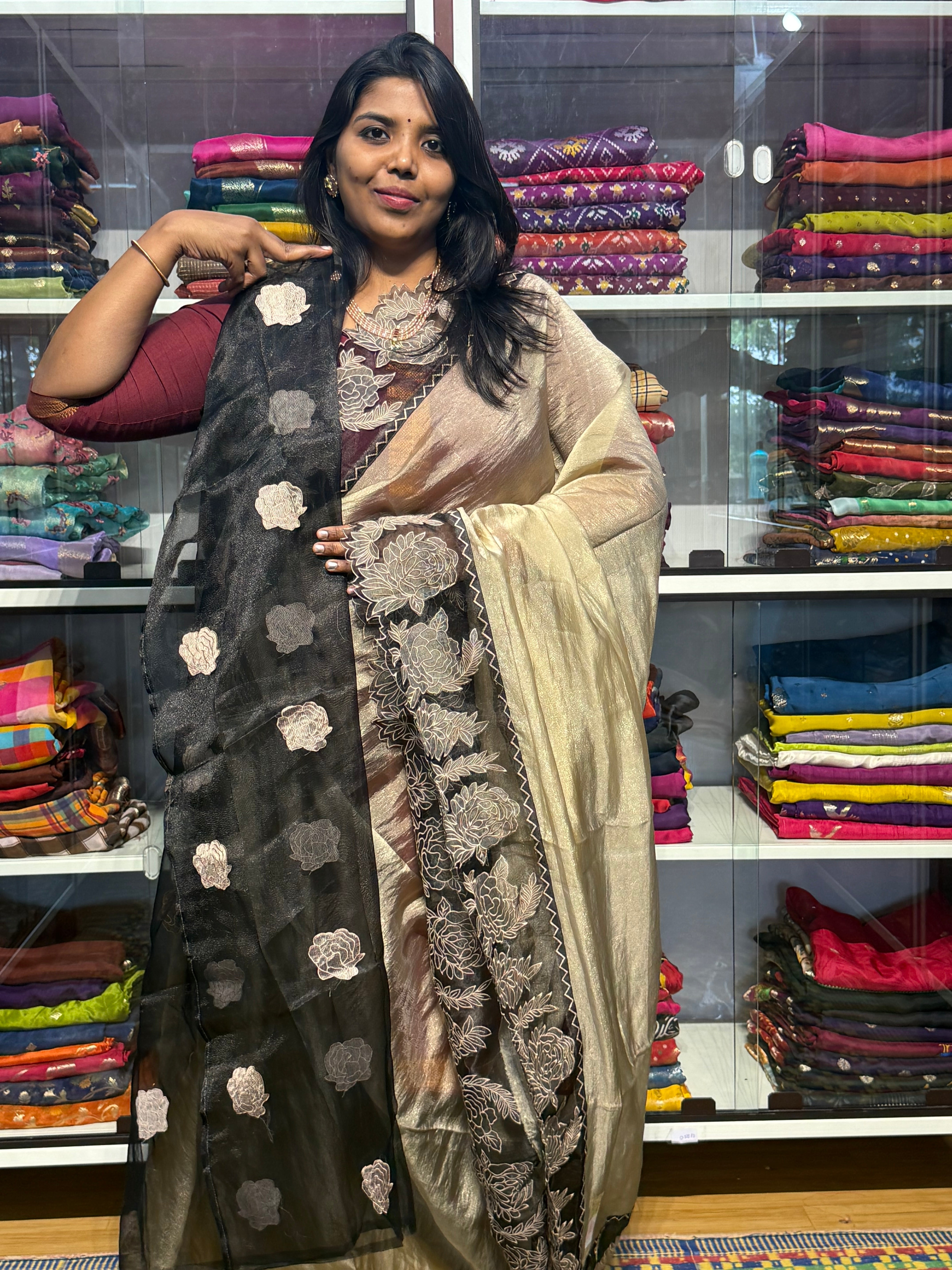 PURE TISSUE SILK SAREE WITH APPLIQUE AND CUTWORK EMBROIDERY: GOLD