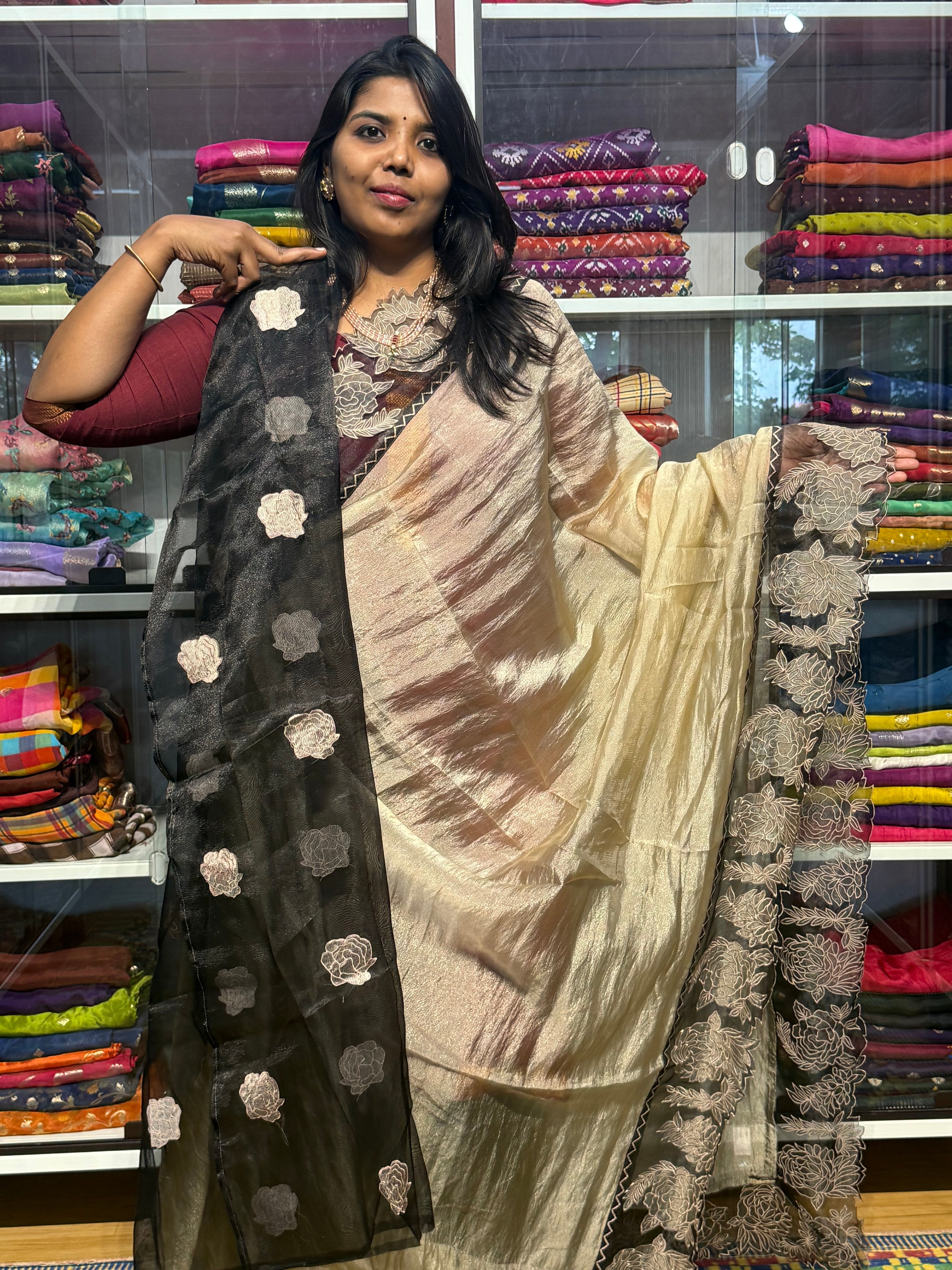 PURE TISSUE SILK SAREE WITH APPLIQUE AND CUTWORK EMBROIDERY: GOLD