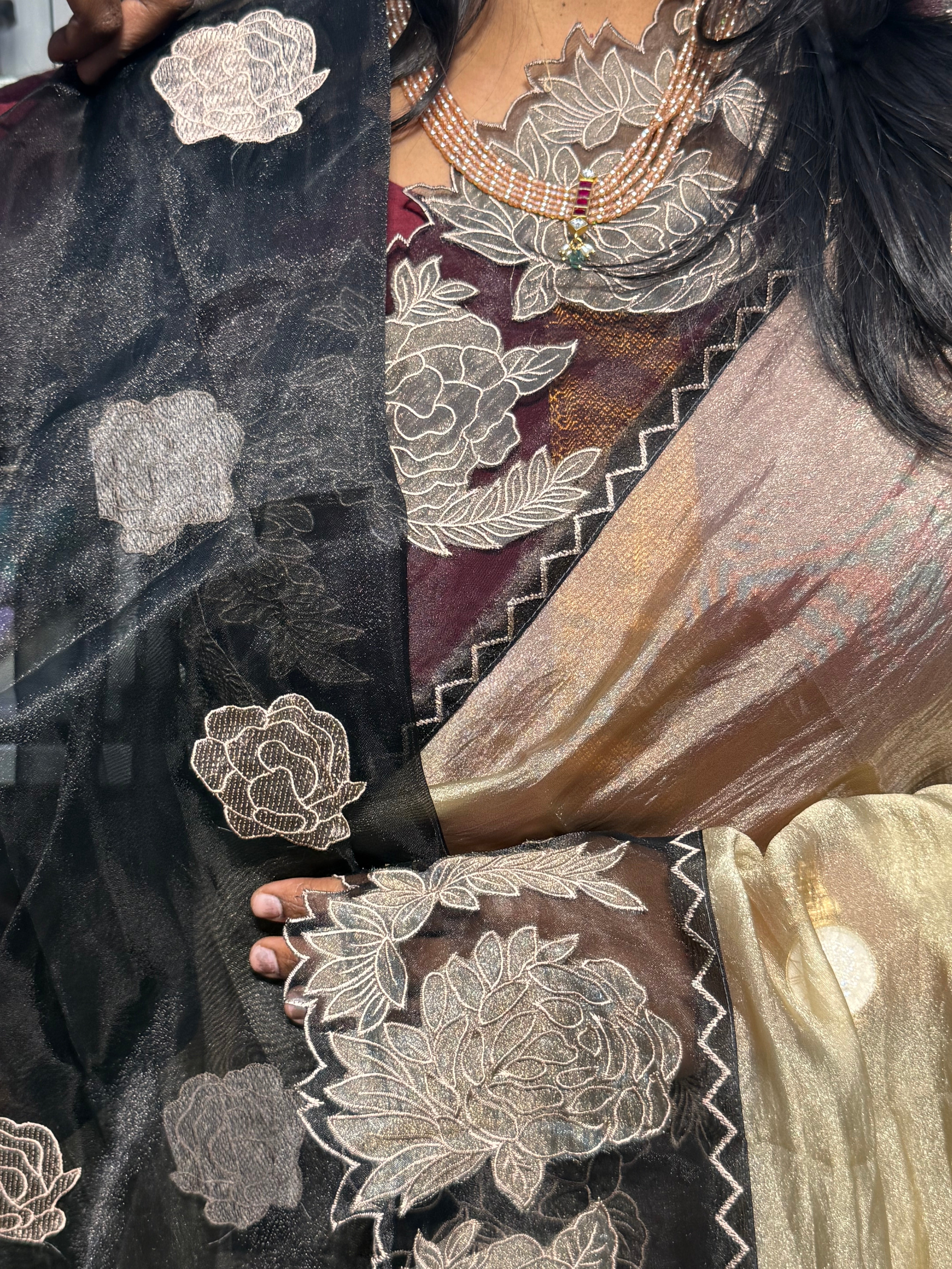 PURE TISSUE SILK SAREE WITH APPLIQUE AND CUTWORK EMBROIDERY: GOLD