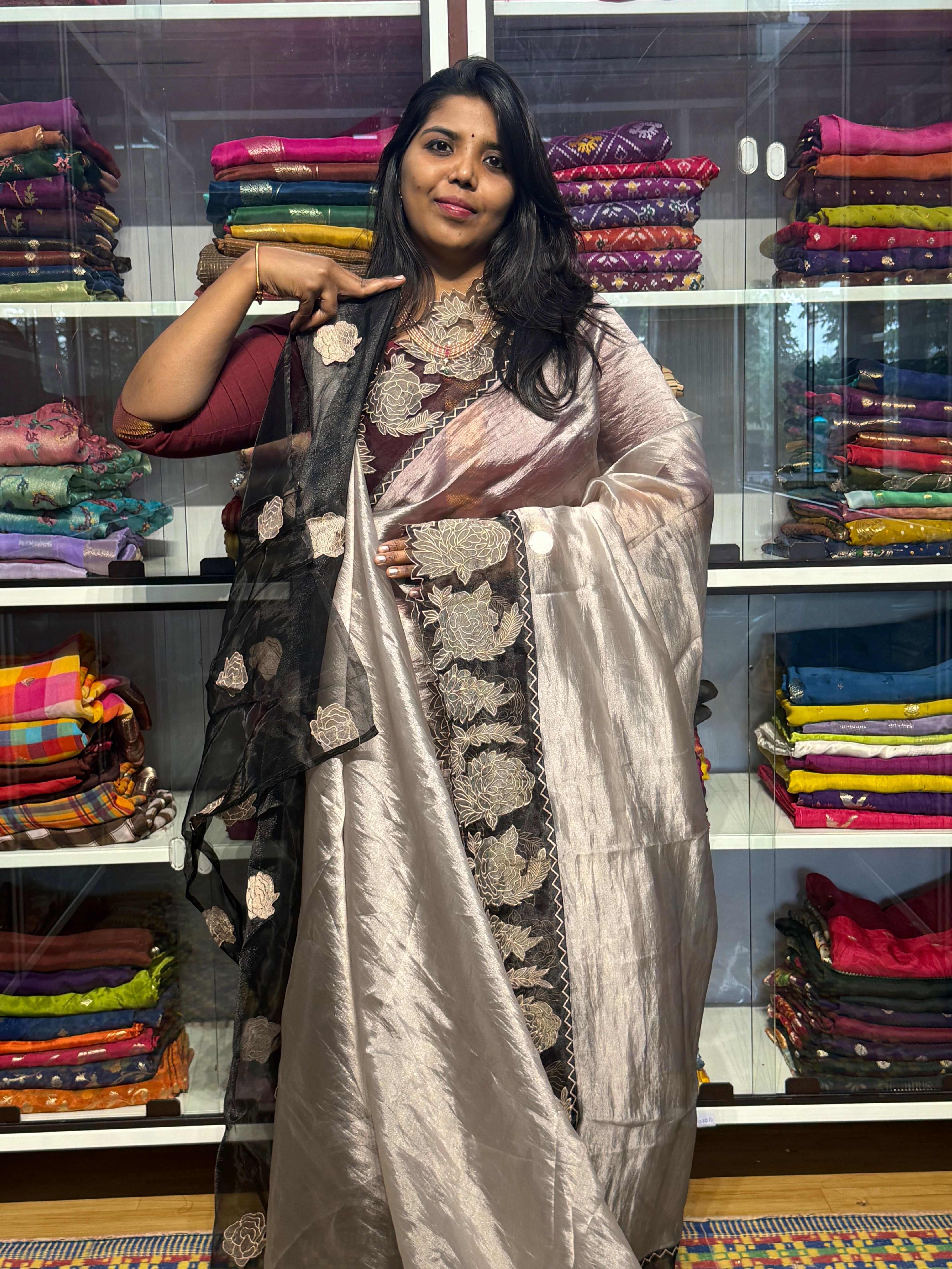 PURE TISSUE SILK SAREE WITH APPLIQUE AND CUTWORK EMBROIDERY: SILVER