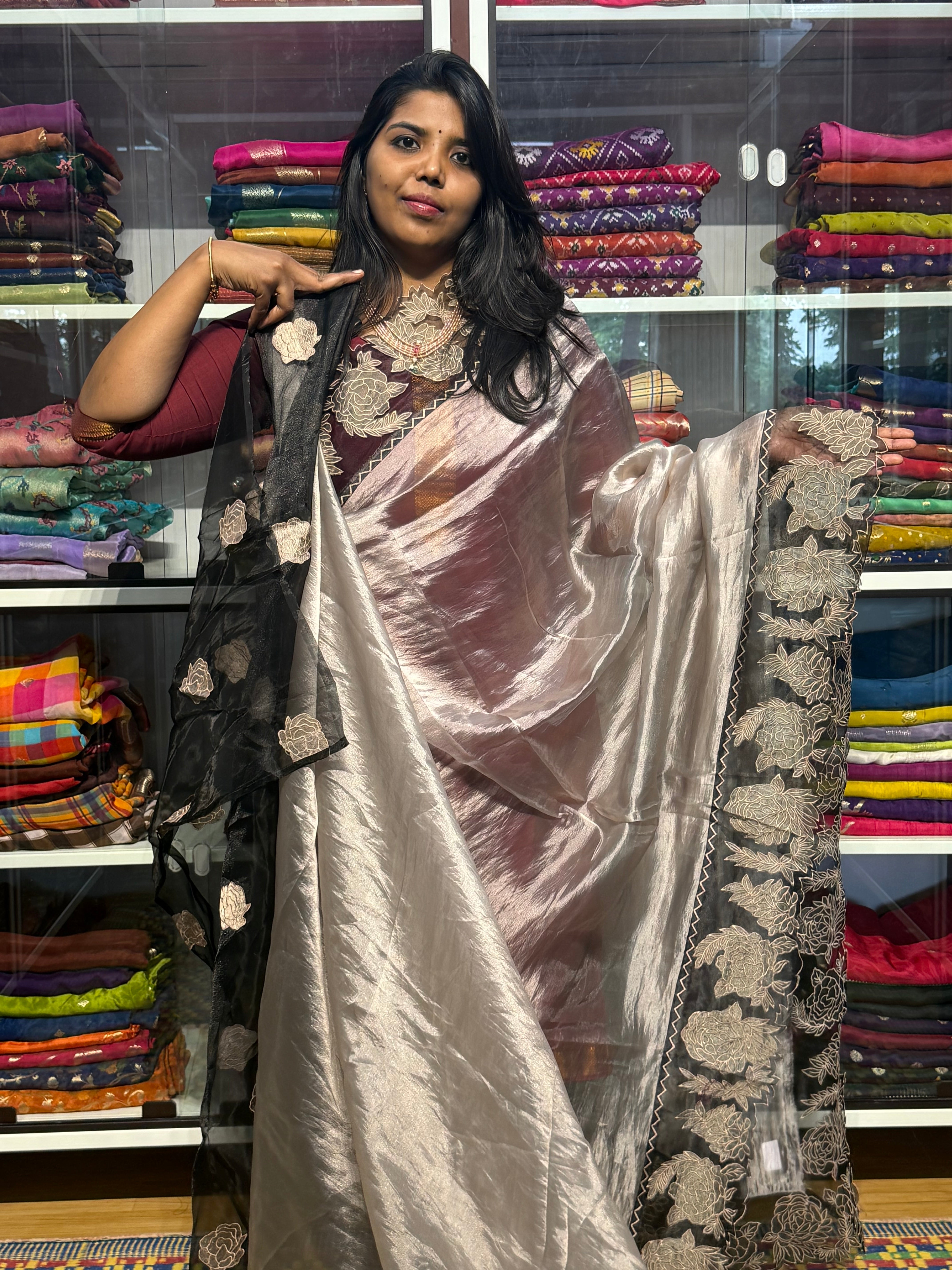 PURE TISSUE SILK SAREE WITH APPLIQUE AND CUTWORK EMBROIDERY: SILVER