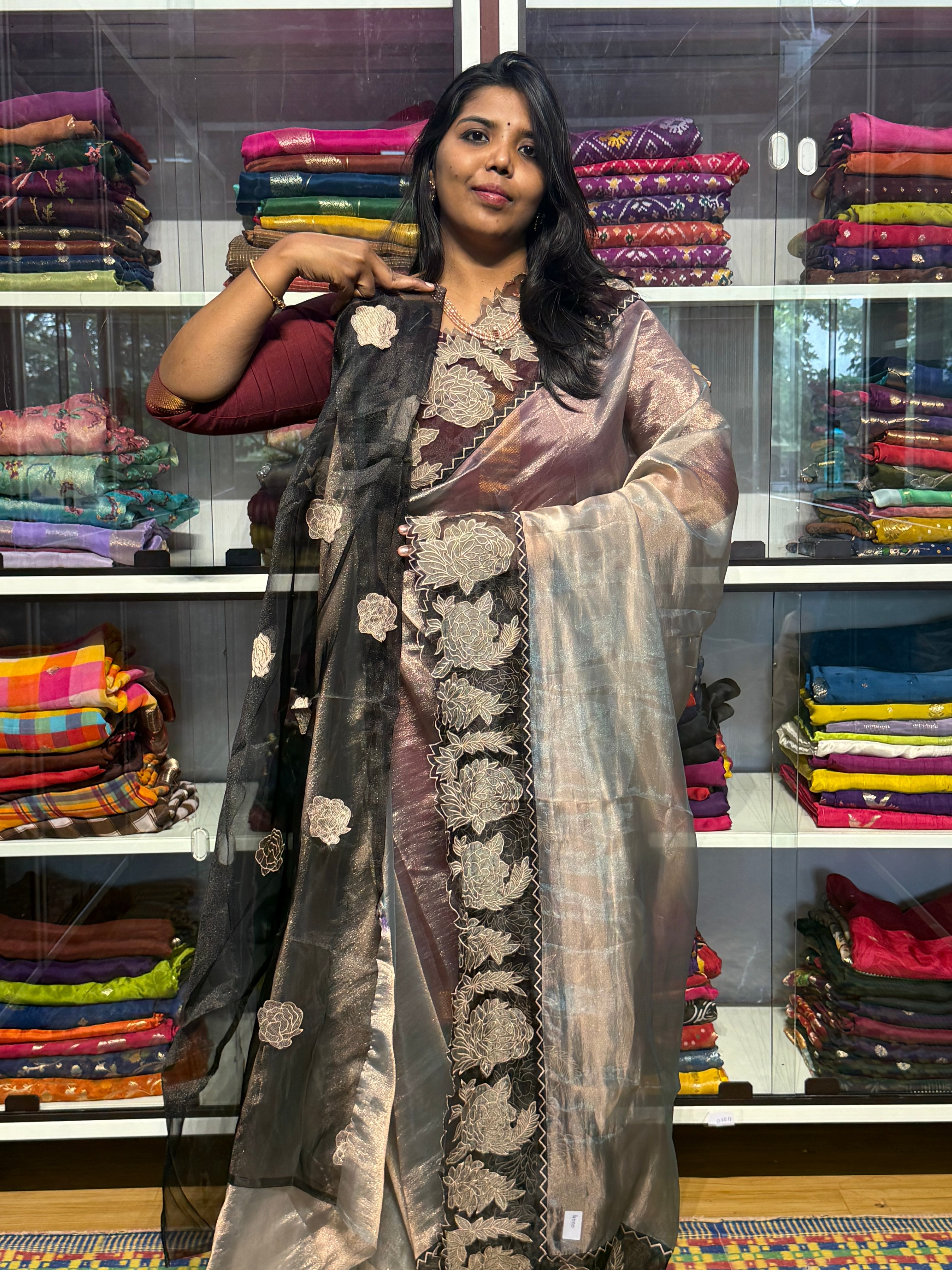PURE TISSUE SILK SAREE WITH APPLIQUE AND CUTWORK EMBROIDERY: GREY