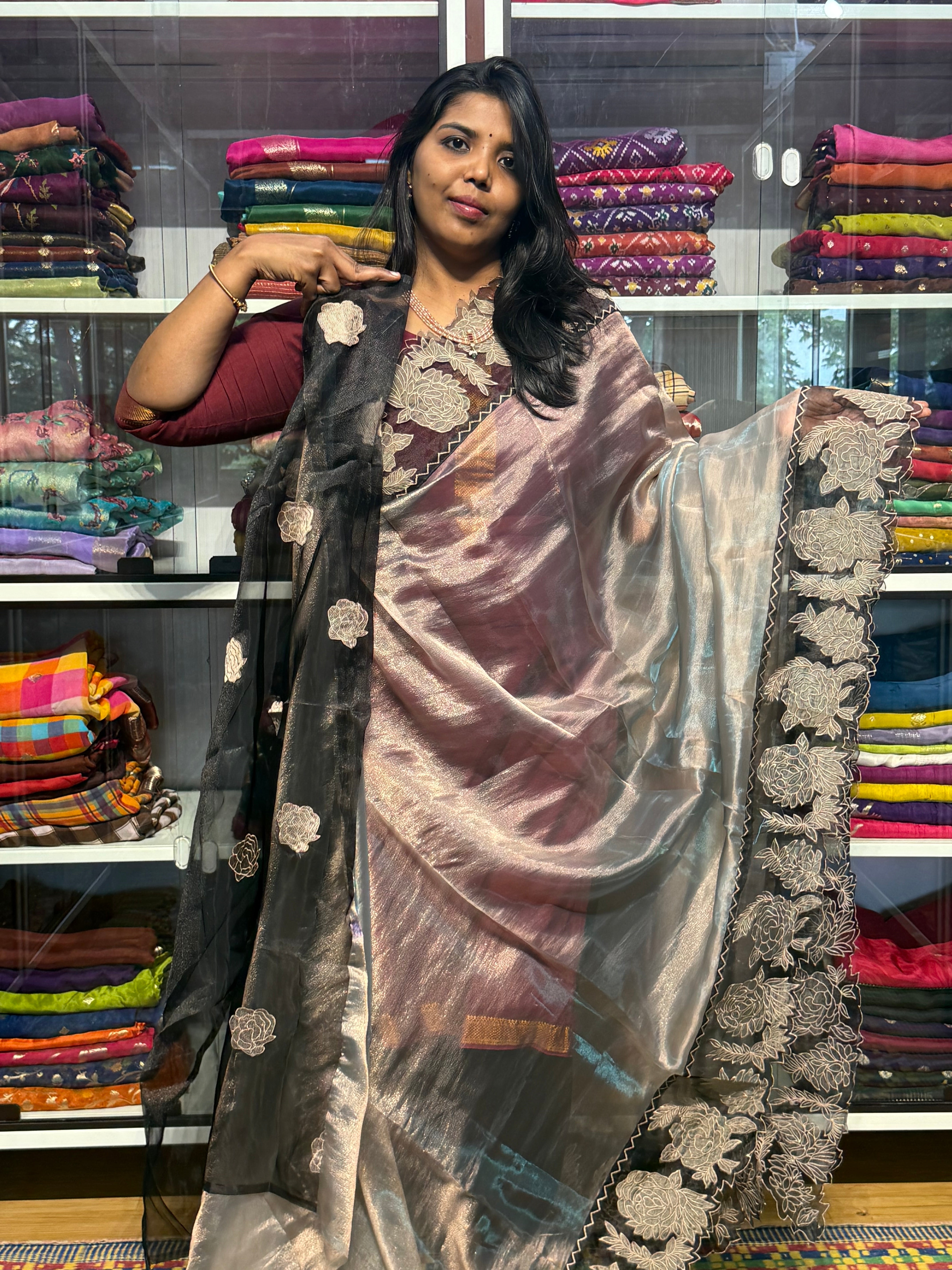 PURE TISSUE SILK SAREE WITH APPLIQUE AND CUTWORK EMBROIDERY: GREY