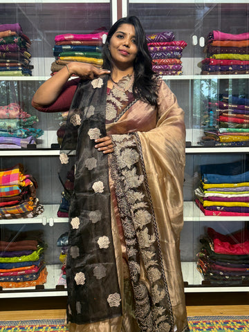 PURE TISSUE SILK SAREE WITH APPLIQUE AND CUTWORK EMBROIDERY: BRONZE