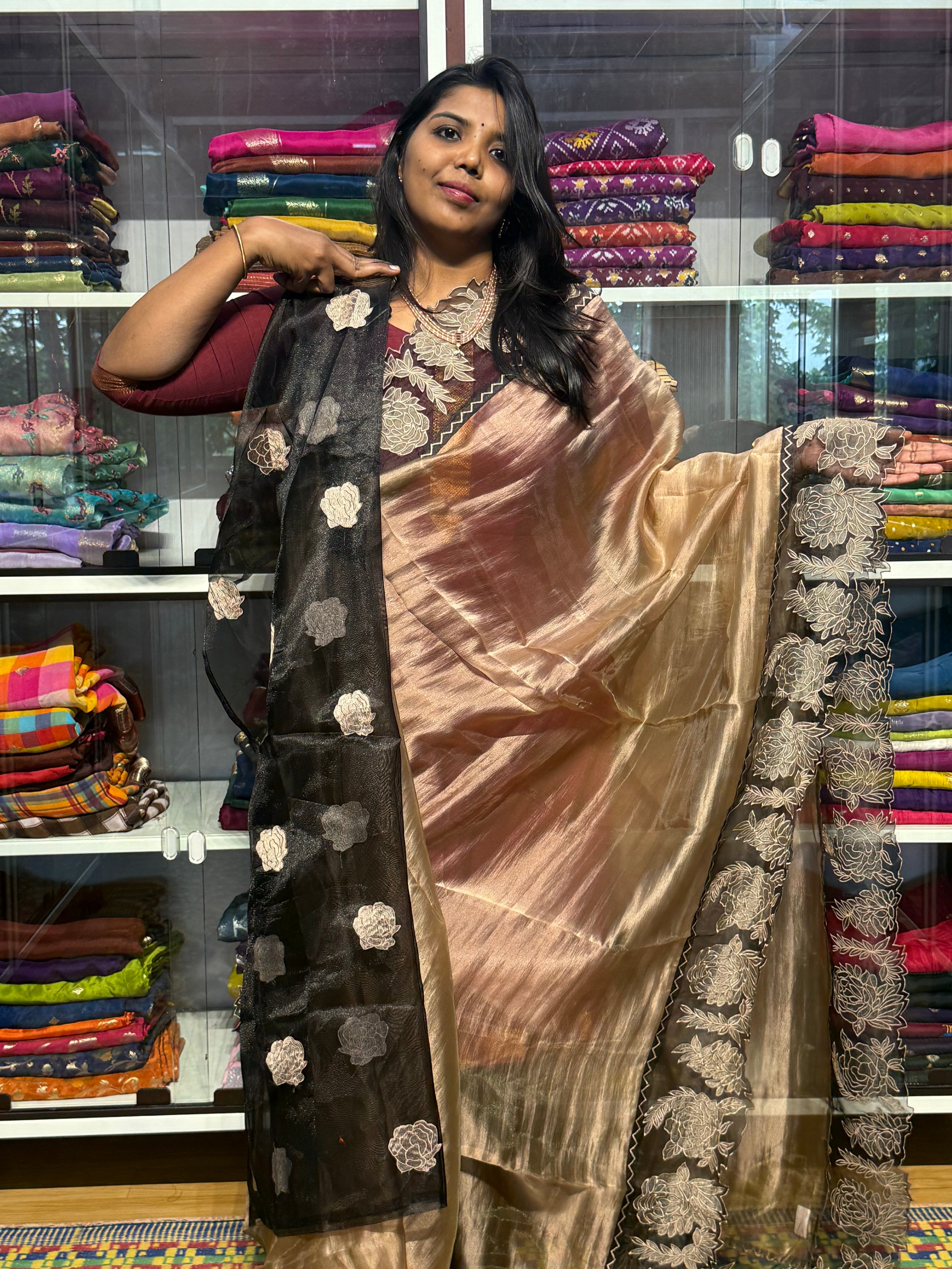 PURE TISSUE SILK SAREE WITH APPLIQUE AND CUTWORK EMBROIDERY: BRONZE