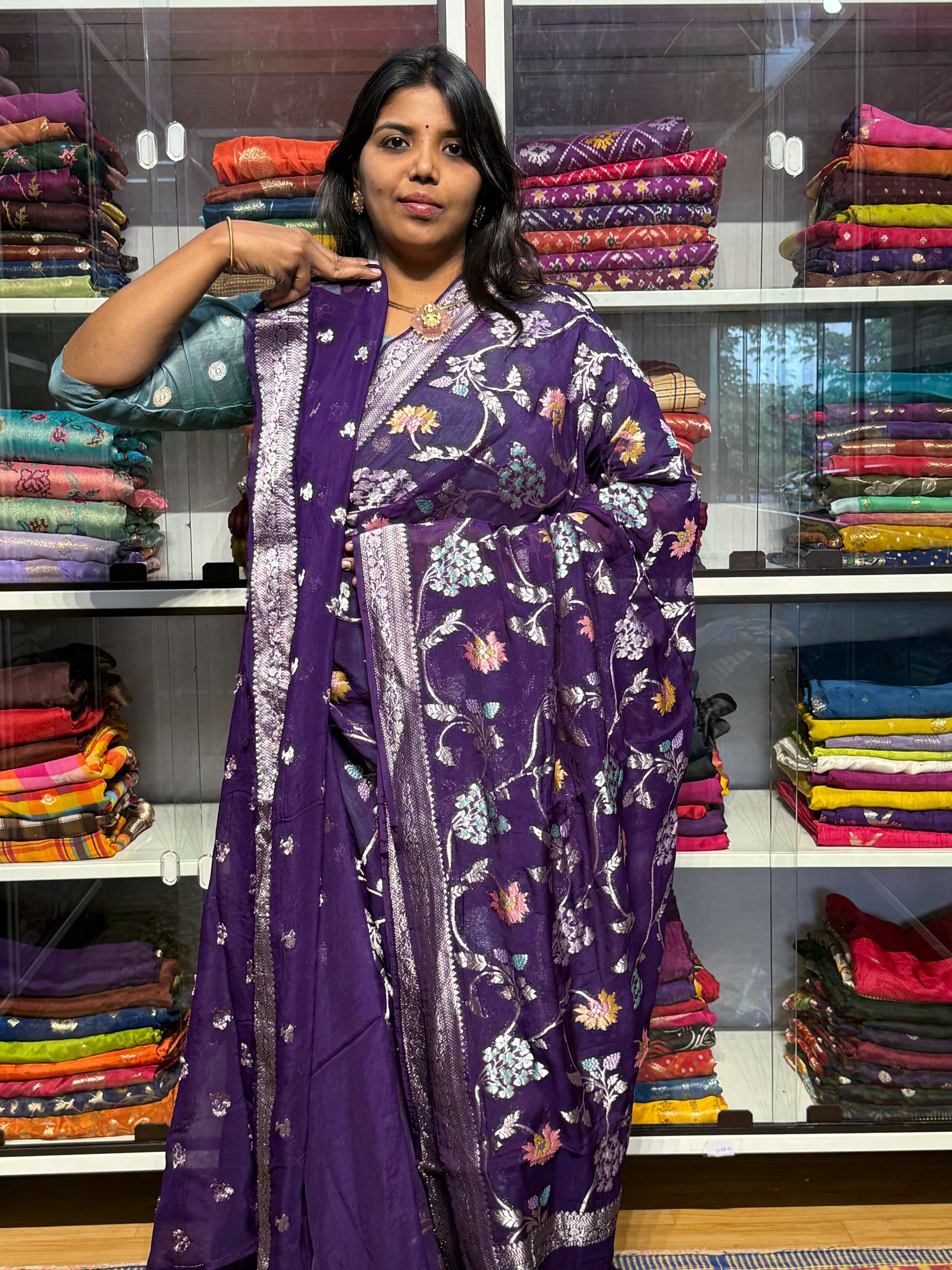 PURE BANARAS KHADDI GEORGETTE WITH MEENAKARI JAAL PATTERN: VOILET