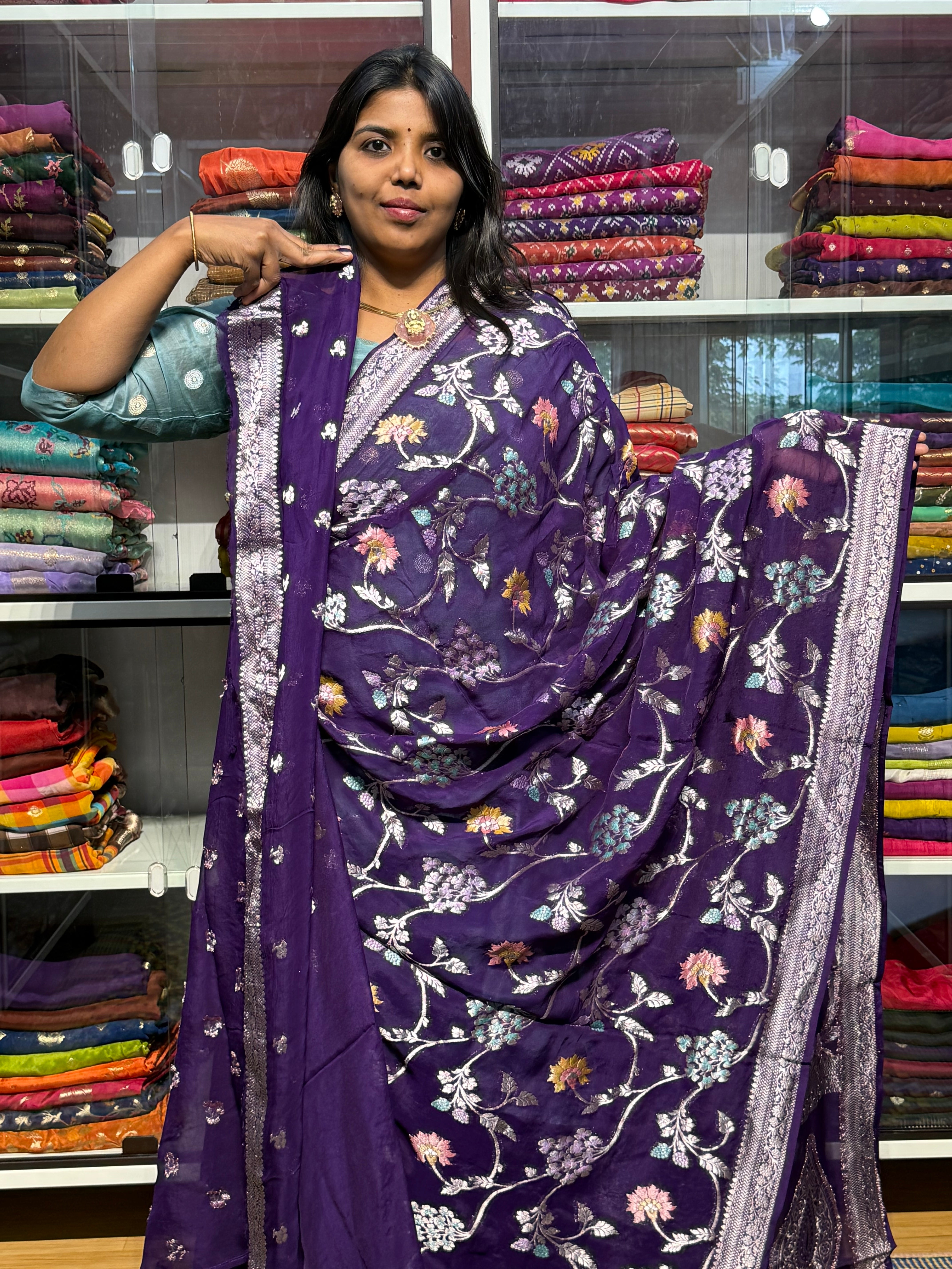 PURE BANARAS KHADDI GEORGETTE WITH MEENAKARI JAAL PATTERN: VOILET