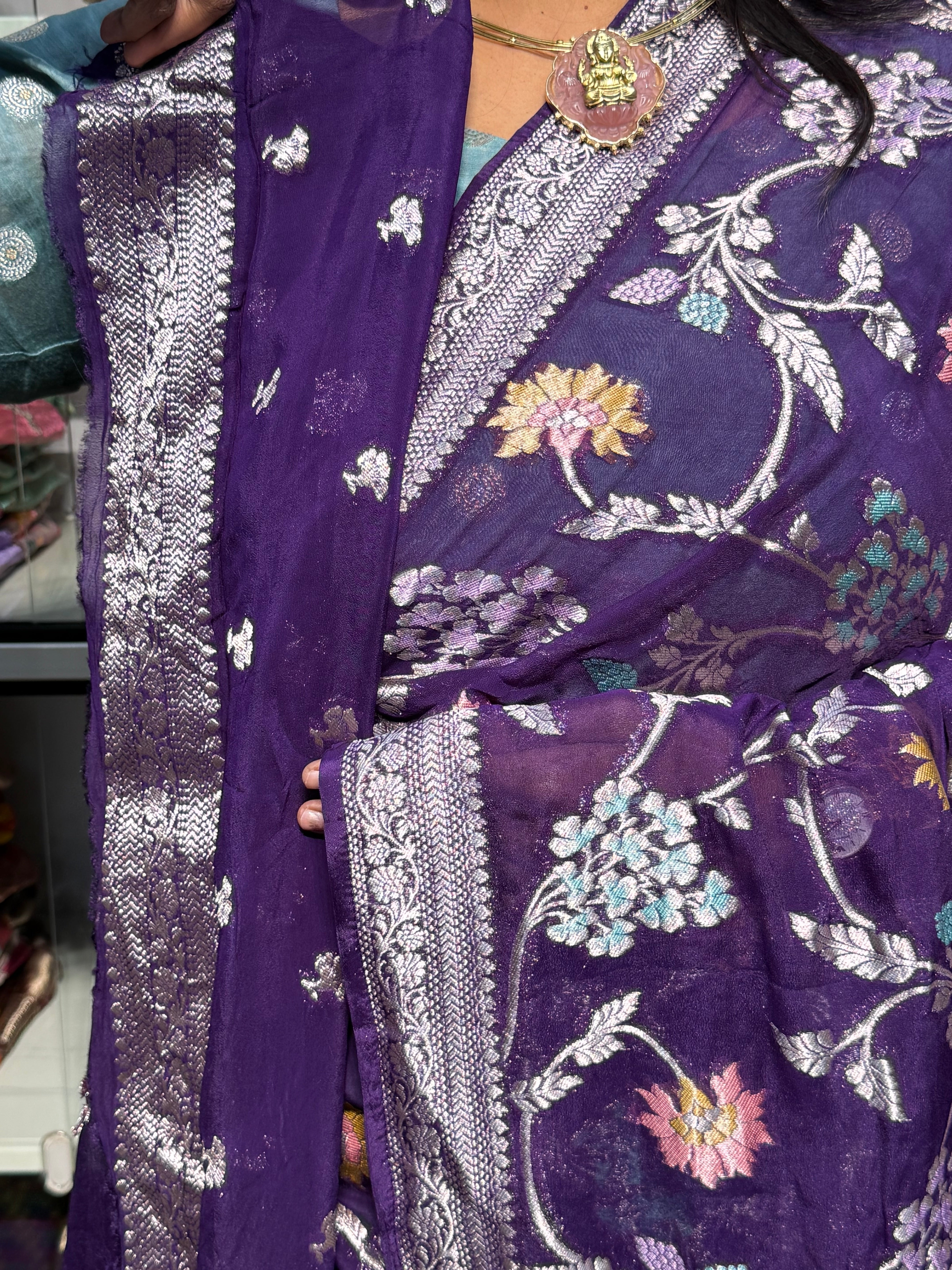 PURE BANARAS KHADDI GEORGETTE WITH MEENAKARI JAAL PATTERN: VOILET