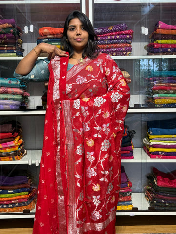 PURE BANARAS KHADDI GEORGETTE WITH MEENAKARI JAAL PATTERN: RED