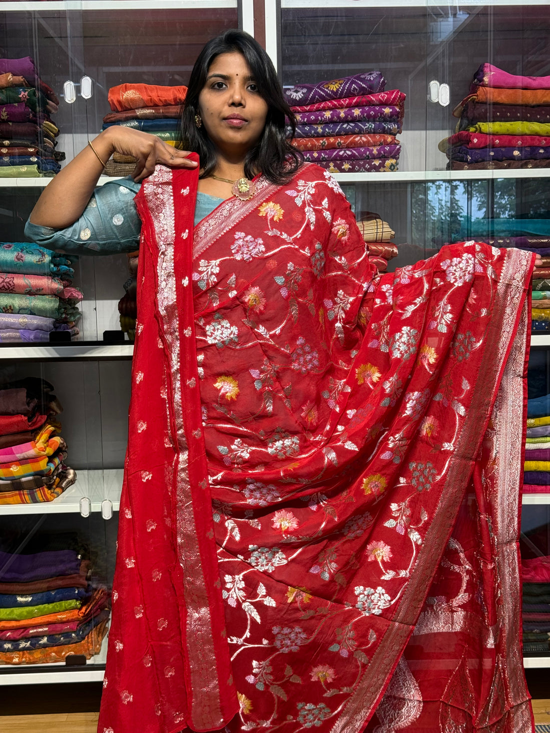 PURE BANARAS KHADDI GEORGETTE WITH MEENAKARI JAAL PATTERN: RED