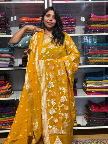 PURE BANARAS KHADDI GEORGETTE WITH MEENAKARI JAAL PATTERN: YELL0W