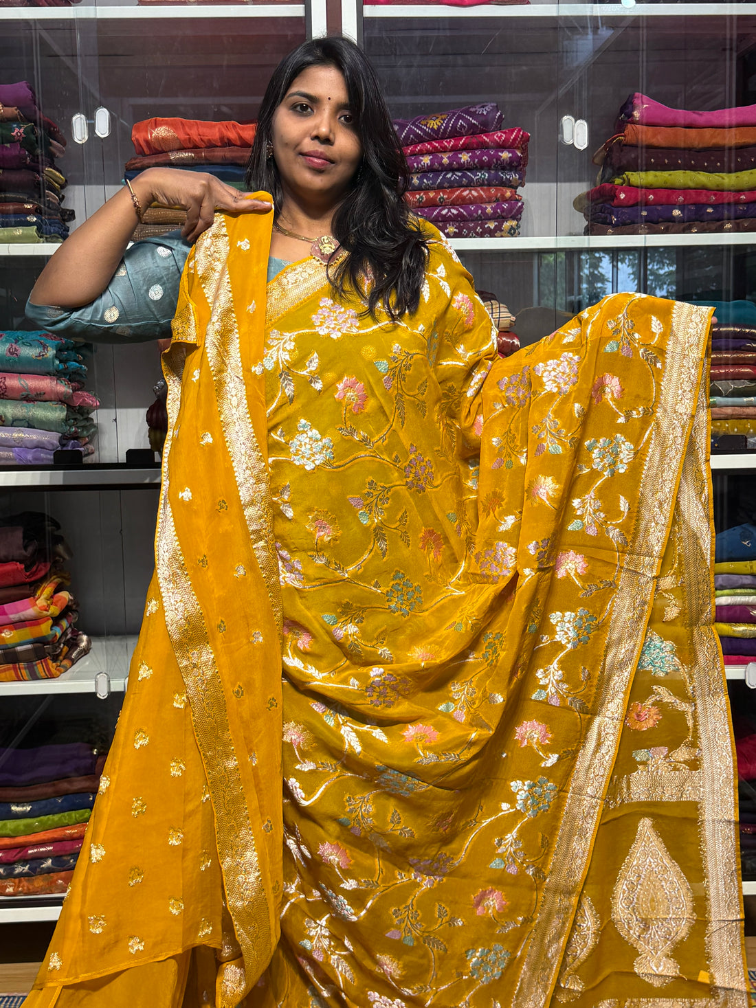 PURE BANARAS KHADDI GEORGETTE WITH MEENAKARI JAAL PATTERN: YELL0W
