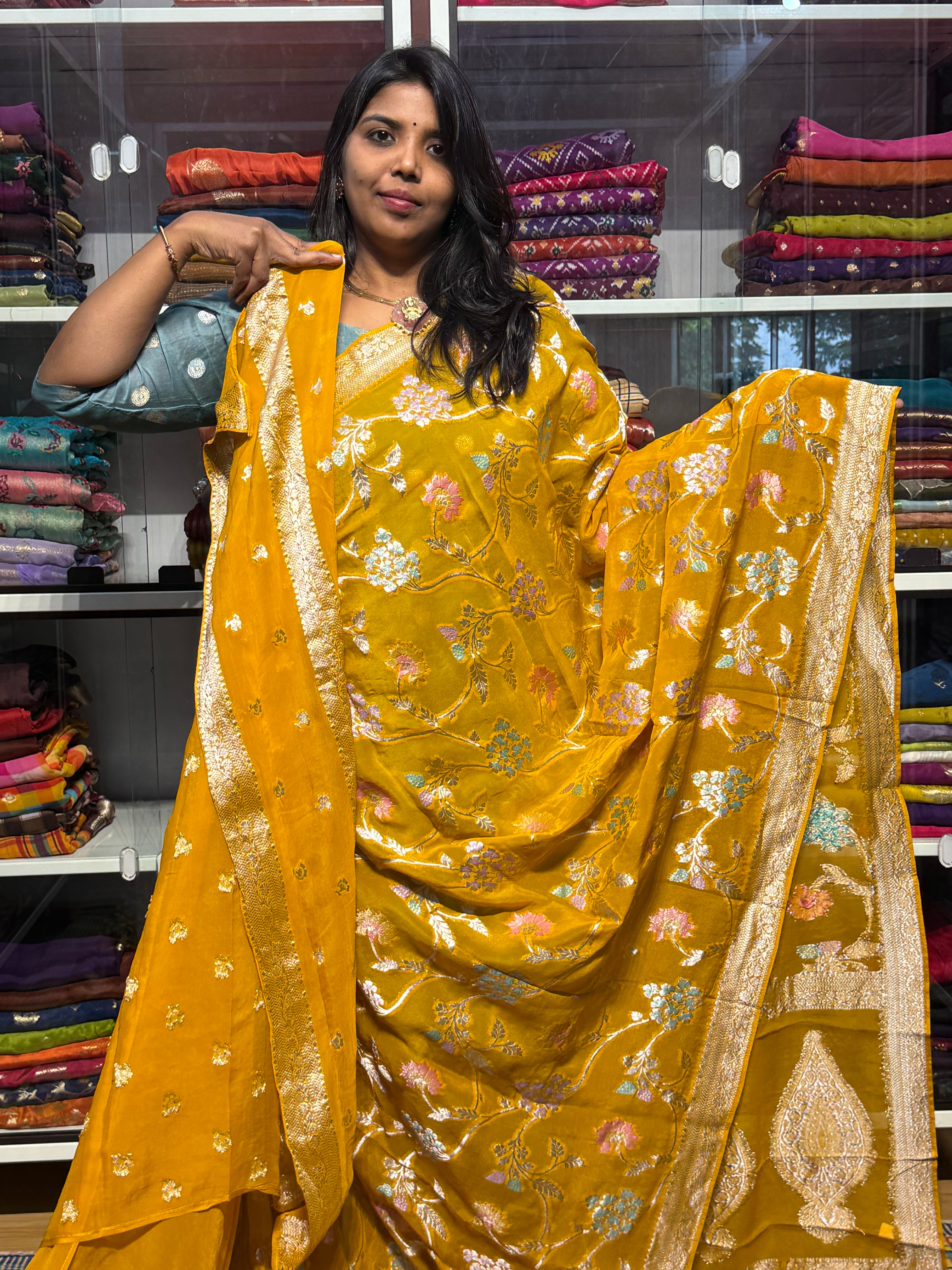 PURE BANARAS KHADDI GEORGETTE WITH MEENAKARI JAAL PATTERN: YELL0W
